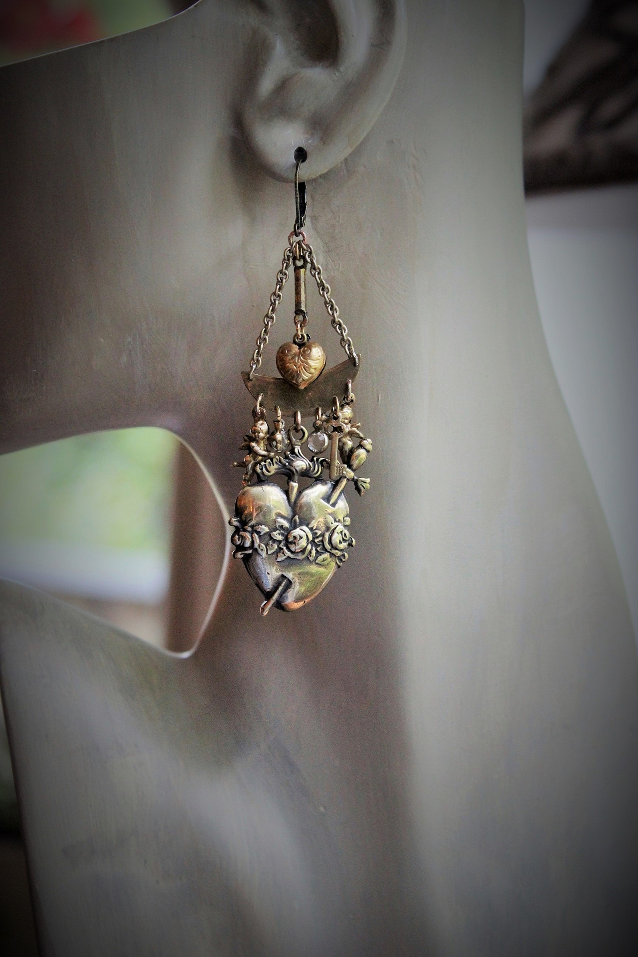 Cast Bronze Flaming Sacred Earrings with tiny Cherubs, Crystals, and Puffy Hearts