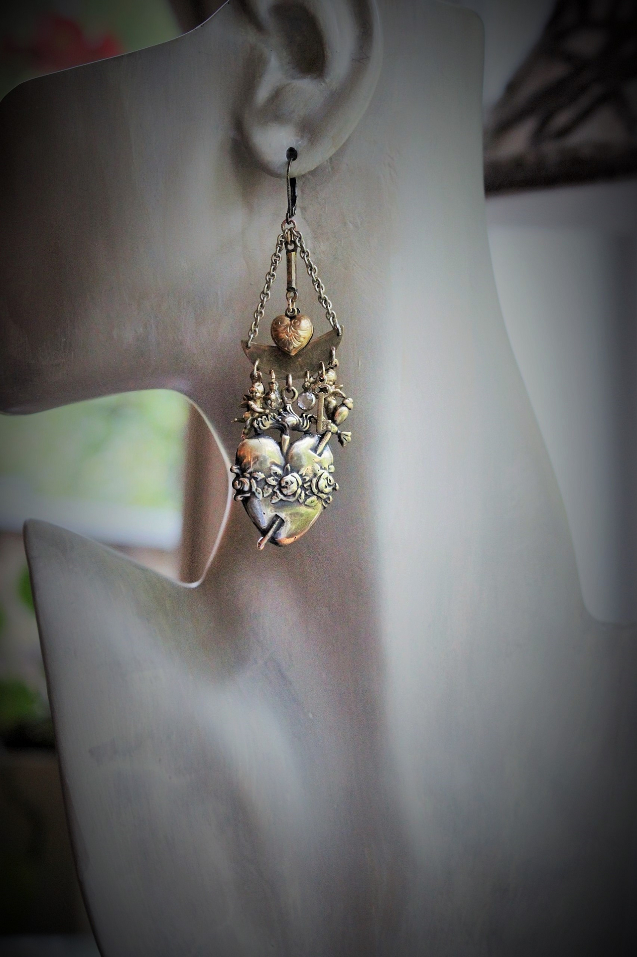 Cast Bronze Flaming Sacred Earrings with tiny Cherubs, Crystals, and Puffy Hearts
