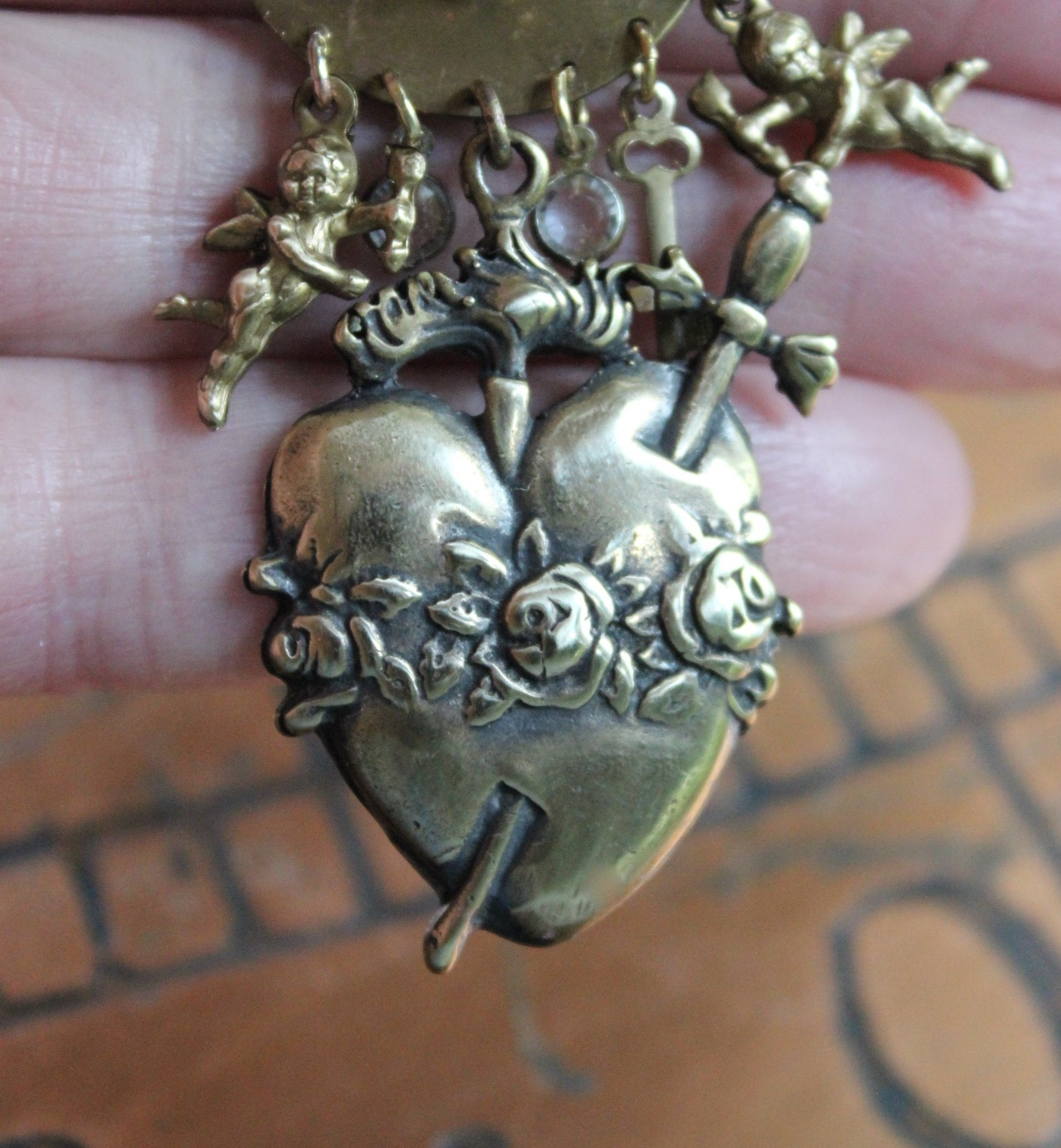 Cast Bronze Flaming Sacred Earrings with tiny Cherubs, Crystals, and Puffy Hearts