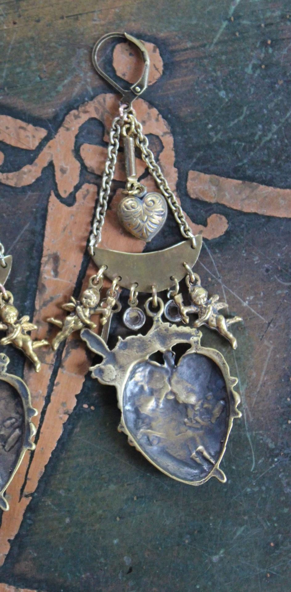 Cast Bronze Flaming Sacred Earrings with tiny Cherubs, Crystals, and Puffy Hearts