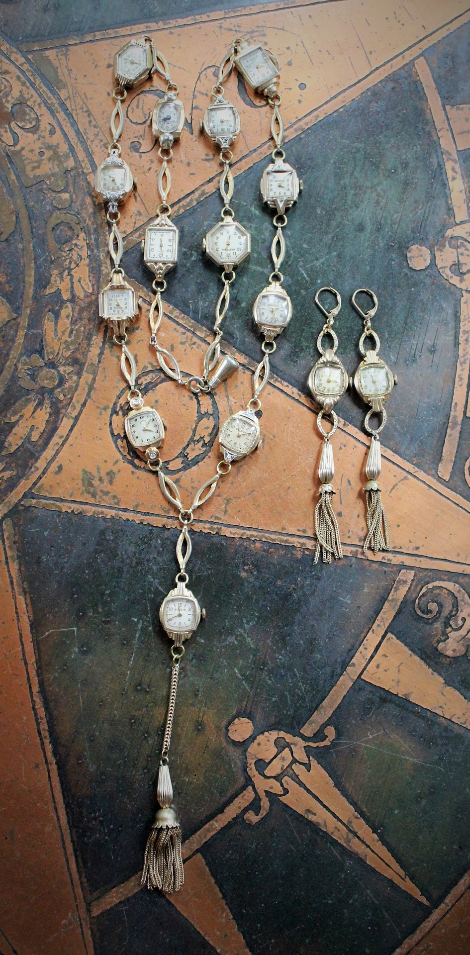 Now is the Time Necklace & Earring Set with 15 Antique & Vintage Watches, Antique Foxtail Chain Tassels & Leverback Earring Wires