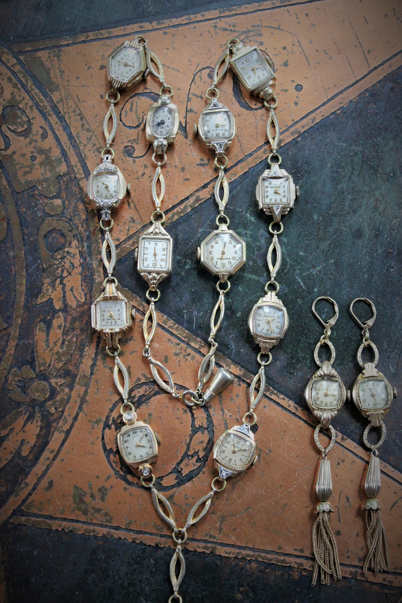 Now is the Time Necklace & Earring Set with 15 Antique & Vintage Watches, Antique Foxtail Chain Tassels & Leverback Earring Wires