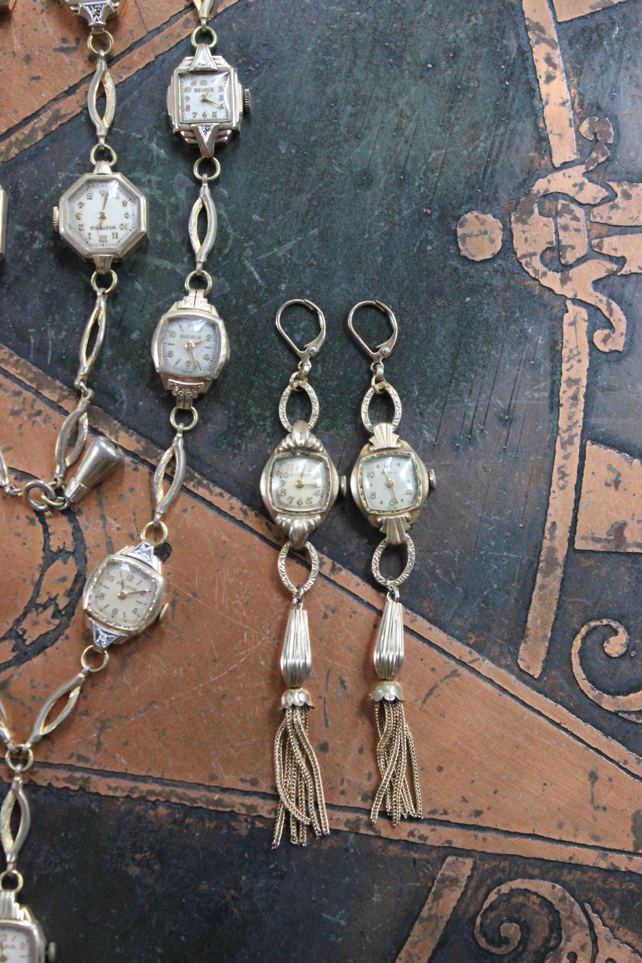 Now is the Time Necklace & Earring Set with 15 Antique & Vintage Watches, Antique Foxtail Chain Tassels & Leverback Earring Wires