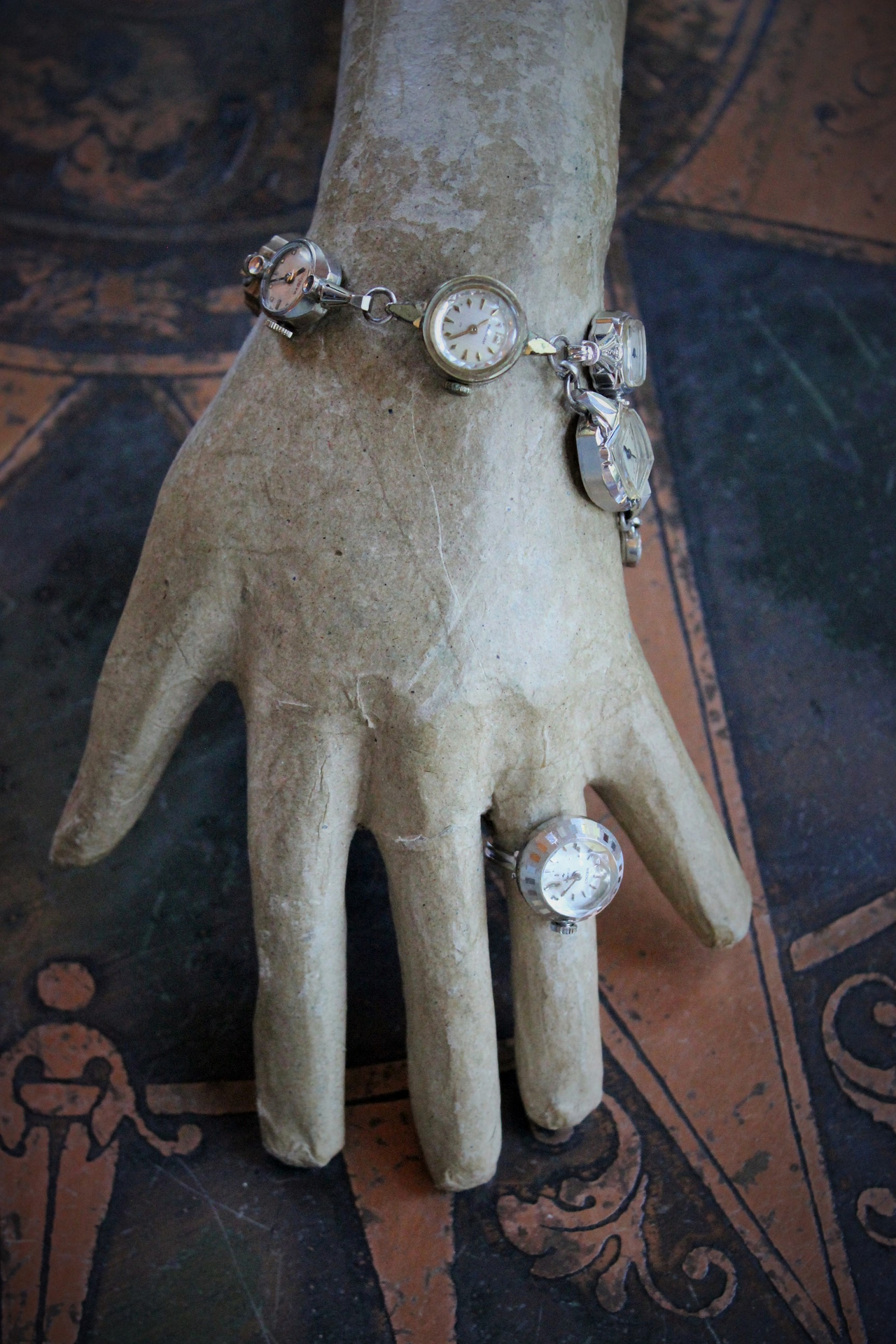 Circle of Time Bracelet and Ring Set with 7 Vintage & Antique Watches, Vintage Faceted Tear Drop & Sterling Toggle Clasp