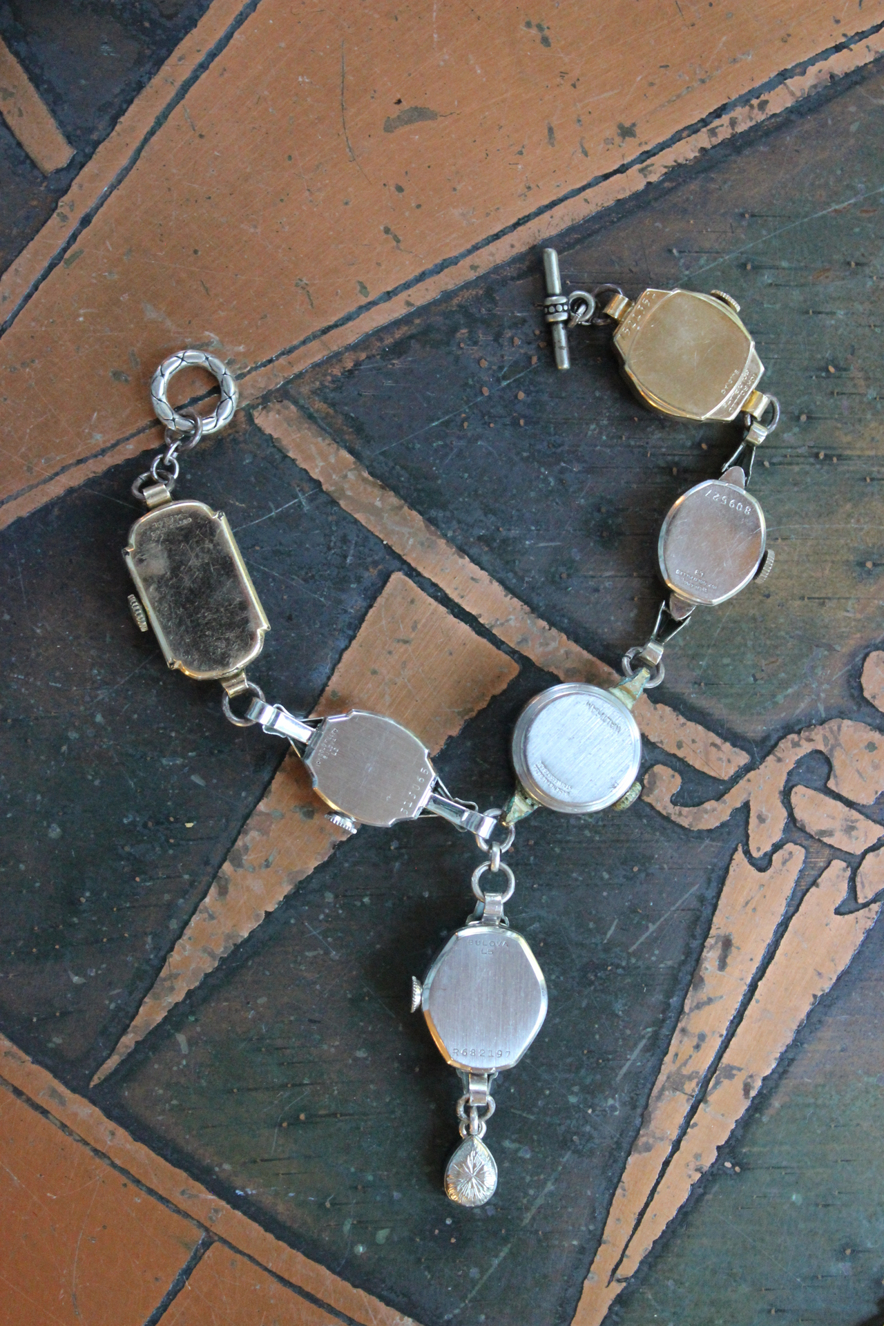 Circle of Time Bracelet and Ring Set with 7 Vintage & Antique Watches, Vintage Faceted Tear Drop & Sterling Toggle Clasp