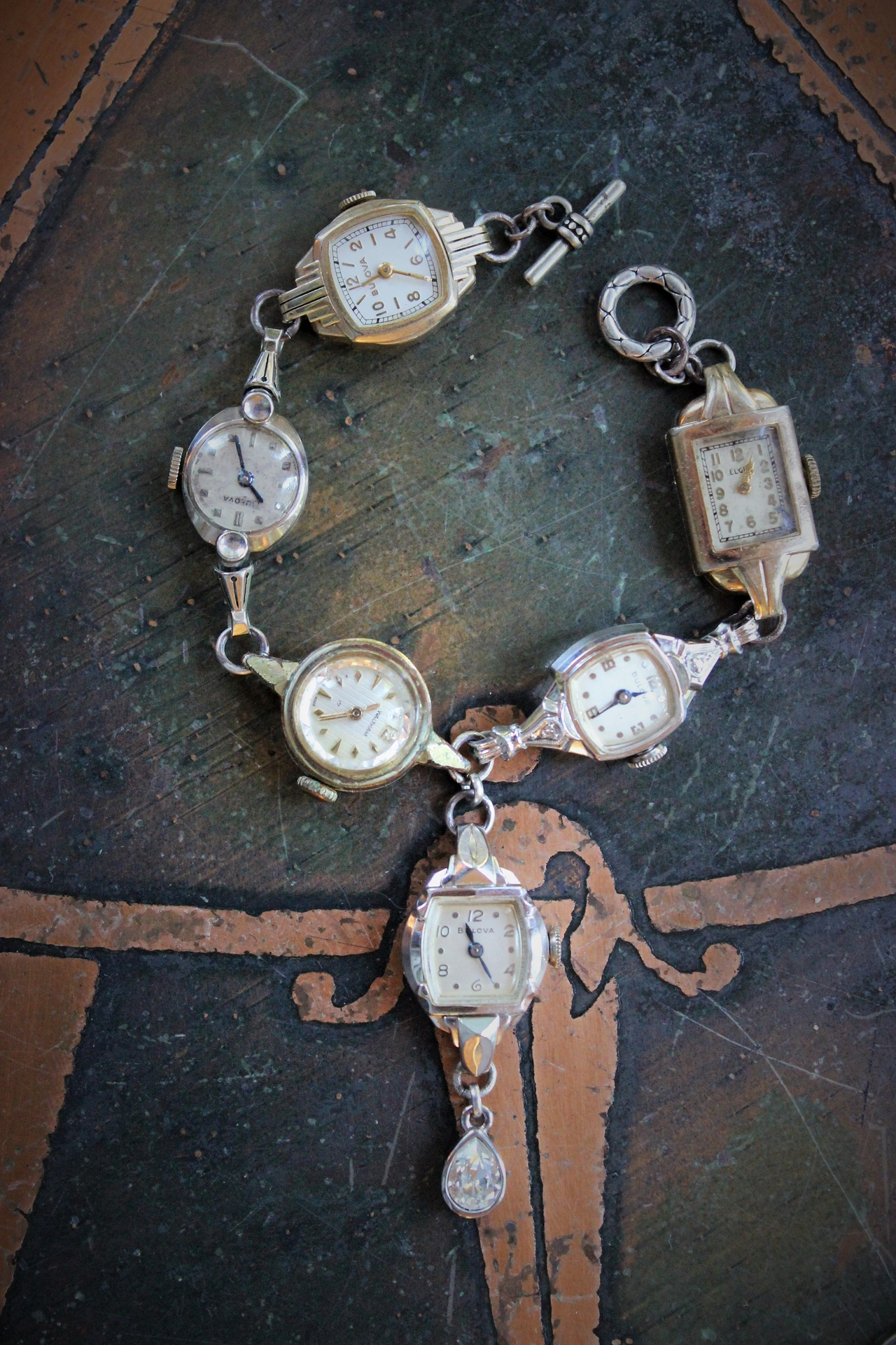 Circle of Time Bracelet and Ring Set with 7 Vintage & Antique Watches, Vintage Faceted Tear Drop & Sterling Toggle Clasp