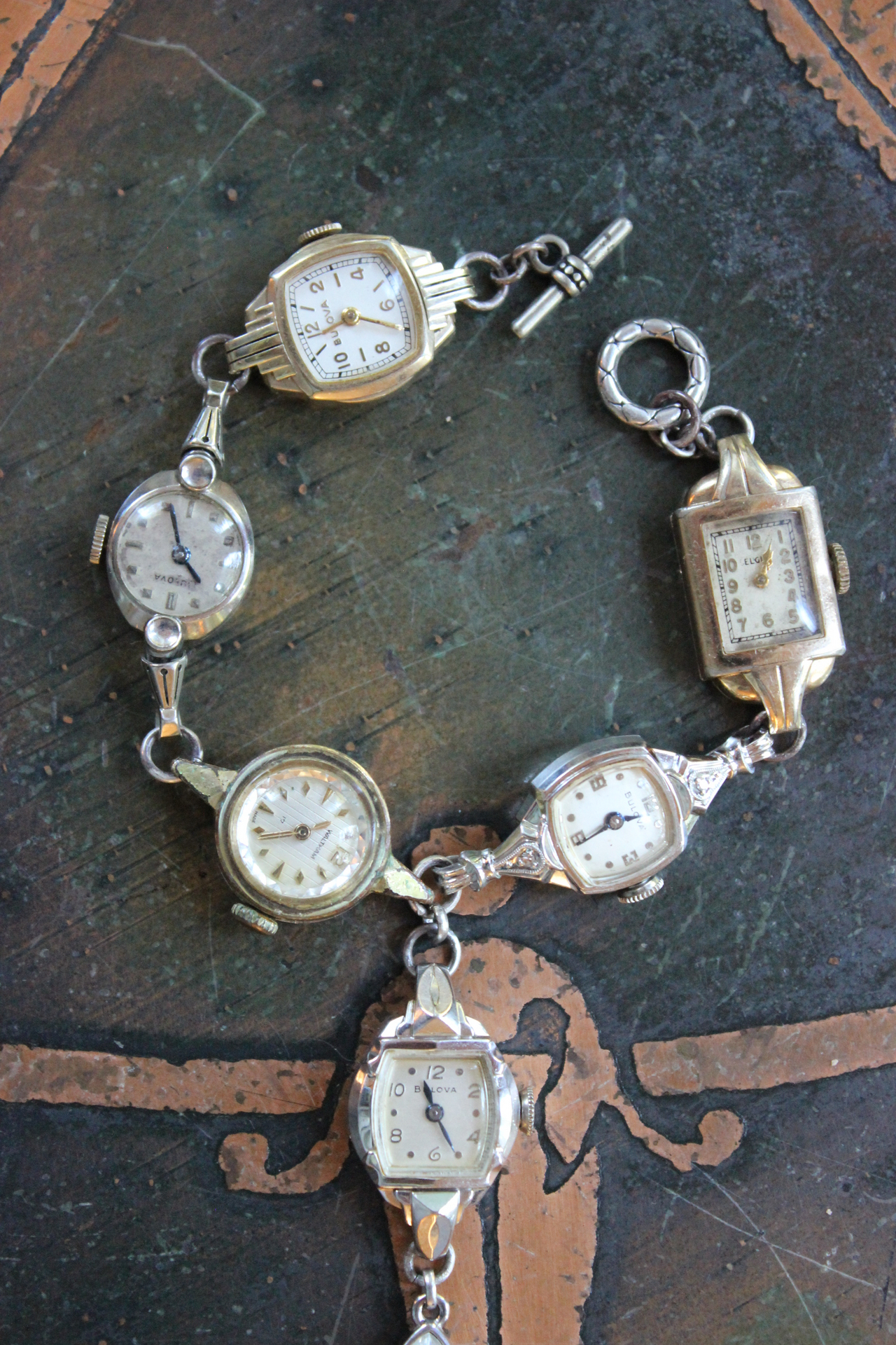 Circle of Time Bracelet and Ring Set with 7 Vintage & Antique Watches, Vintage Faceted Tear Drop & Sterling Toggle Clasp