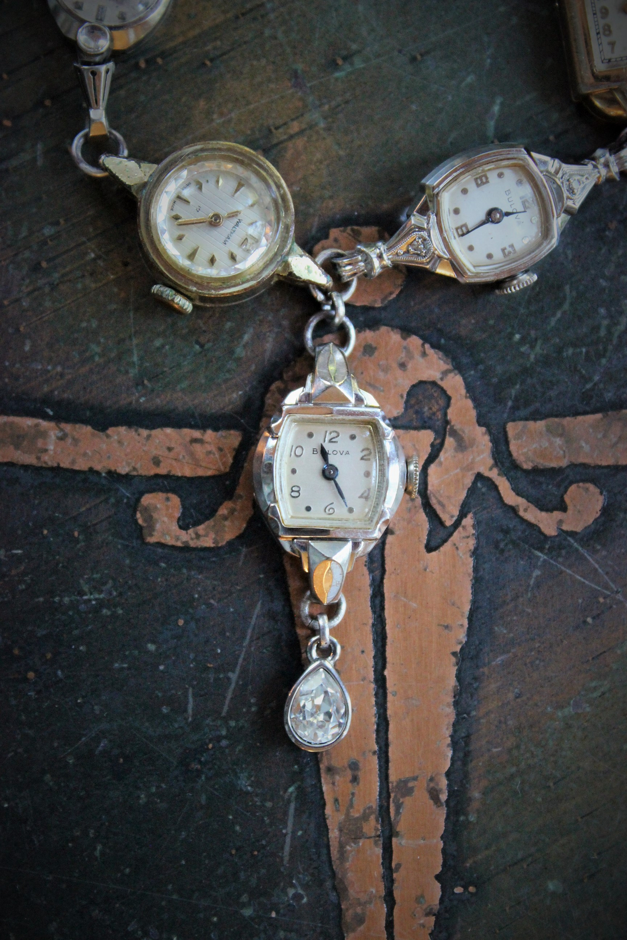 Circle of Time Bracelet and Ring Set with 7 Vintage & Antique Watches, Vintage Faceted Tear Drop & Sterling Toggle Clasp