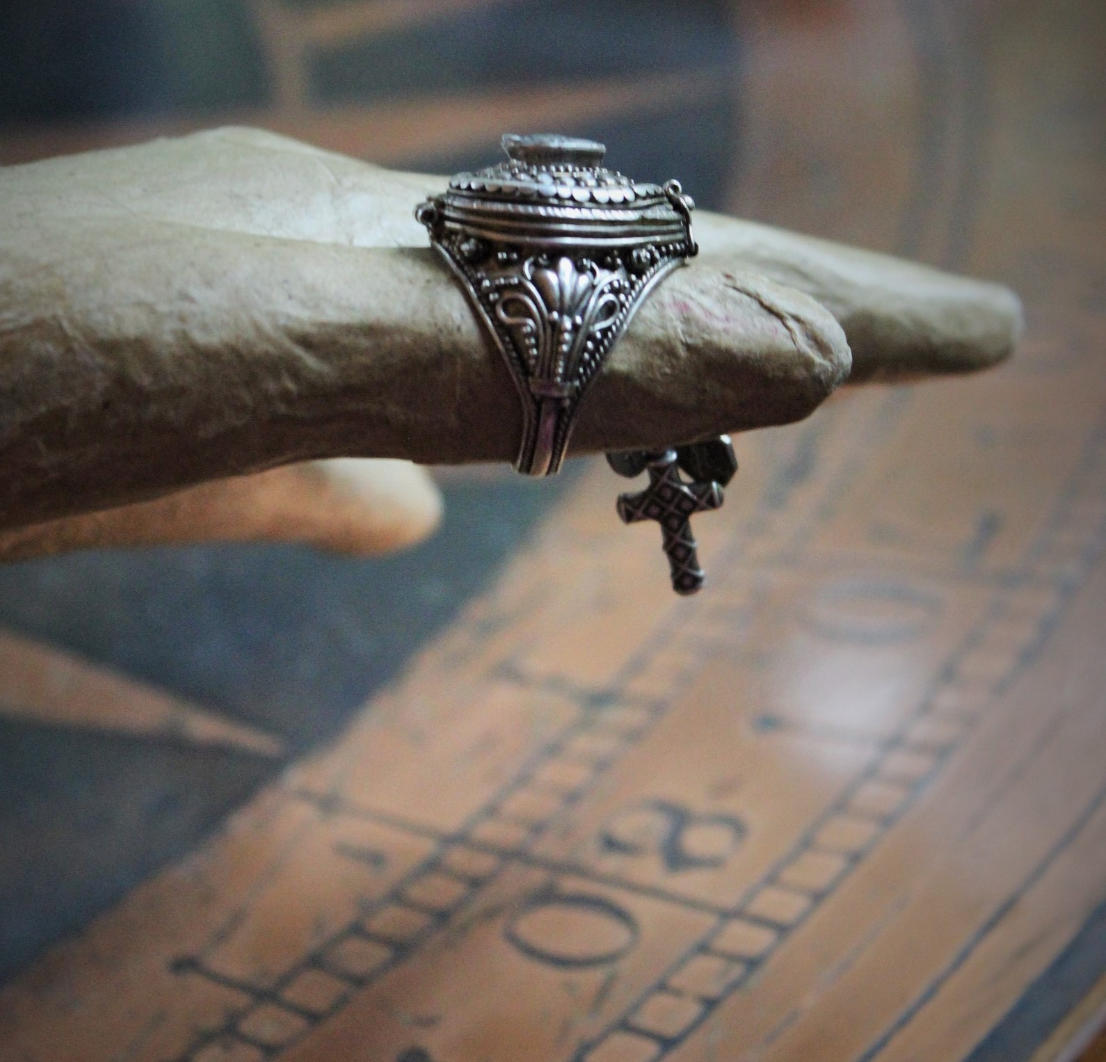 Sterling Blessing Locket Ring with Flaming Sacred Heart,Tiny Antique French Medals,Antique Faceted Crystal Drop,Antique Sterling Cross