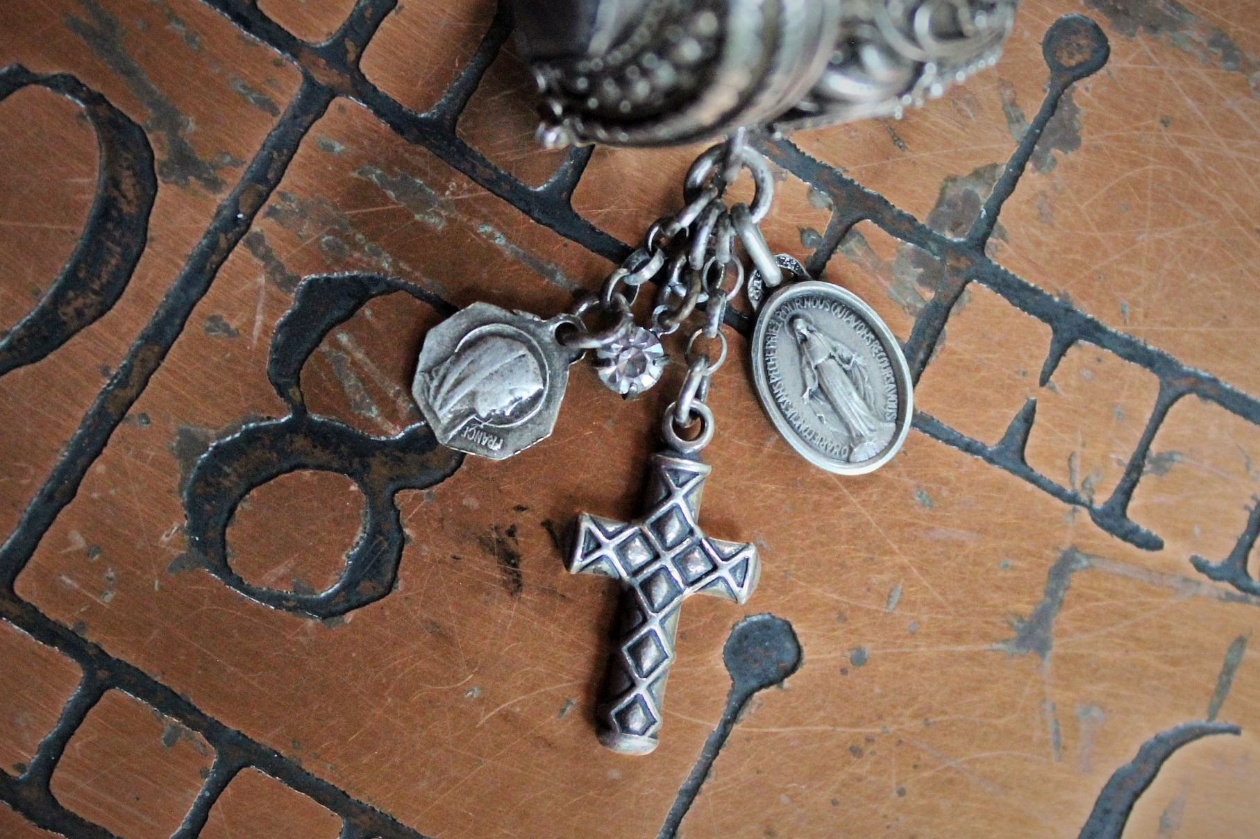 Sterling Blessing Locket Ring with Flaming Sacred Heart,Tiny Antique French Medals,Antique Faceted Crystal Drop,Antique Sterling Cross
