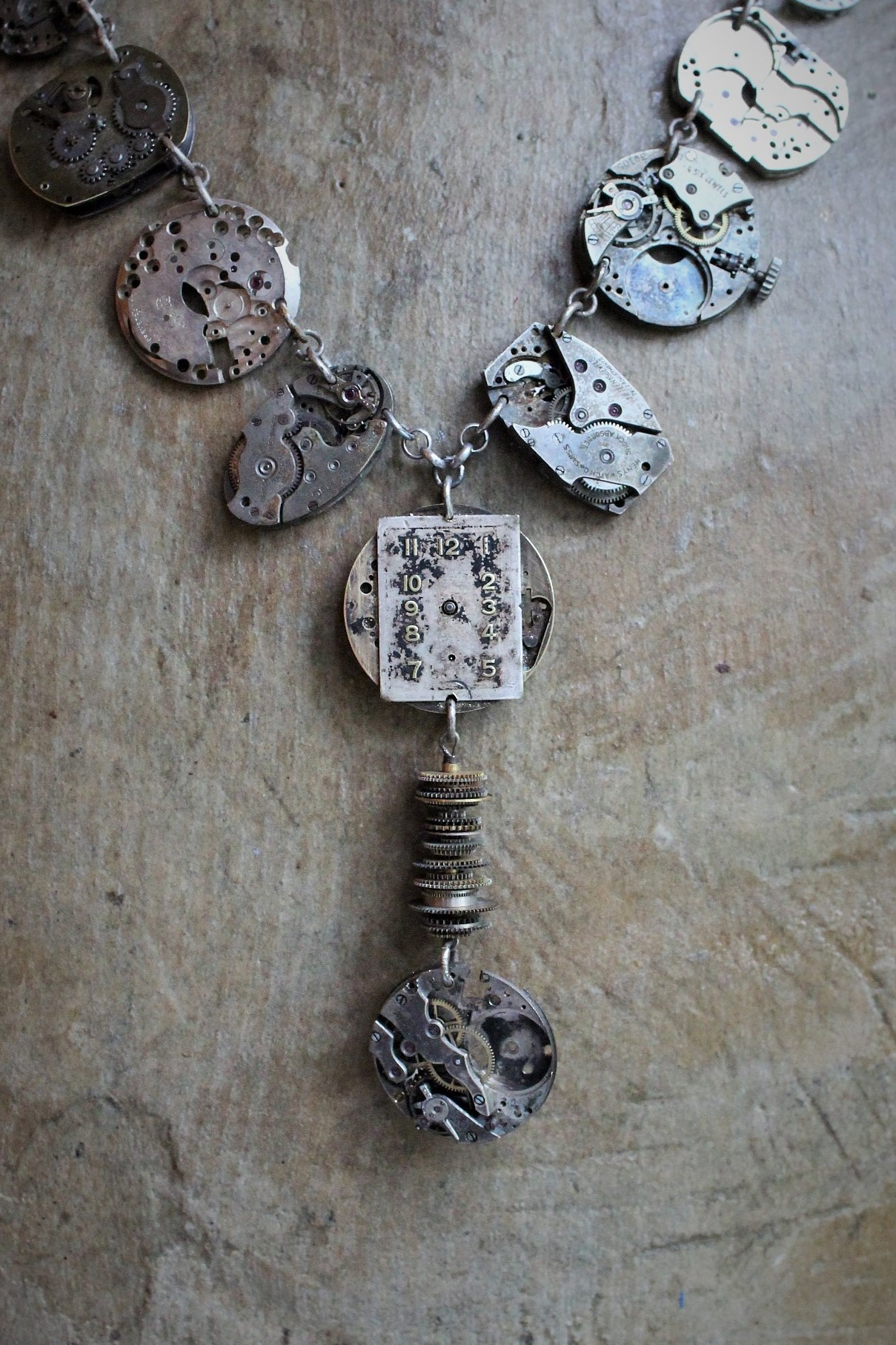 The Fabric of Time Necklace & Earrings Set with 16 Antique Watch Parts,Antique Gear & Gasket Connectors, Antique Chain & Clasp