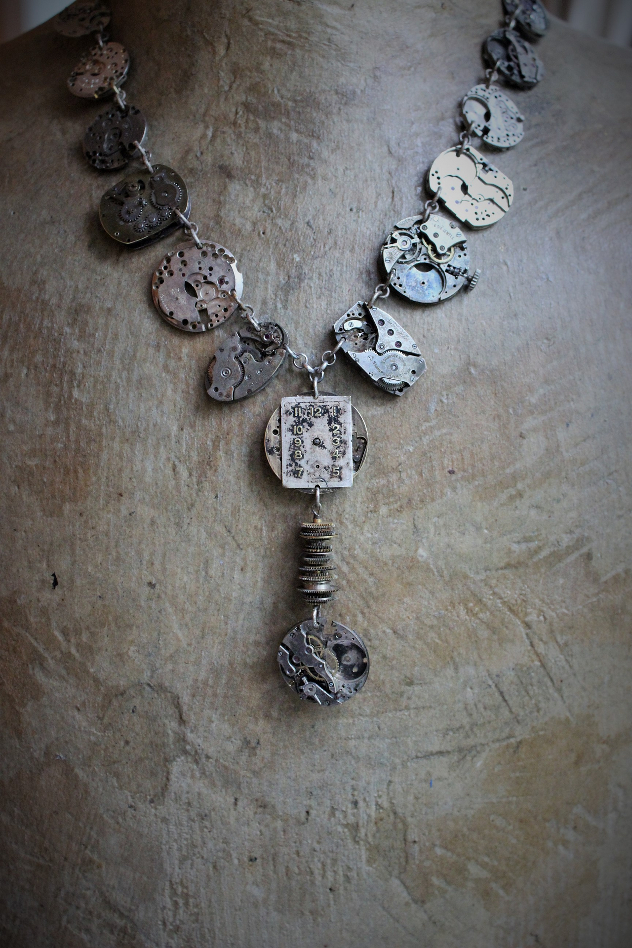 The Fabric of Time Necklace & Earrings Set with 16 Antique Watch Parts,Antique Gear & Gasket Connectors, Antique Chain & Clasp