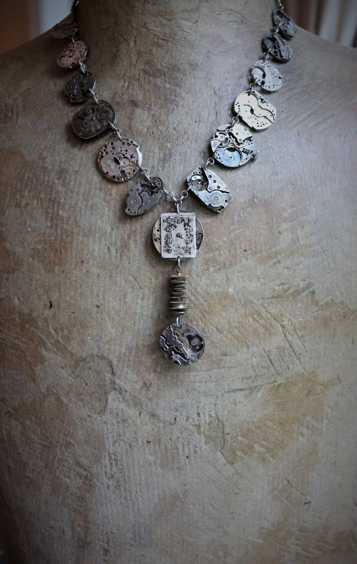 The Fabric of Time Necklace & Earrings Set with 16 Antique Watch Parts,Antique Gear & Gasket Connectors, Antique Chain & Clasp