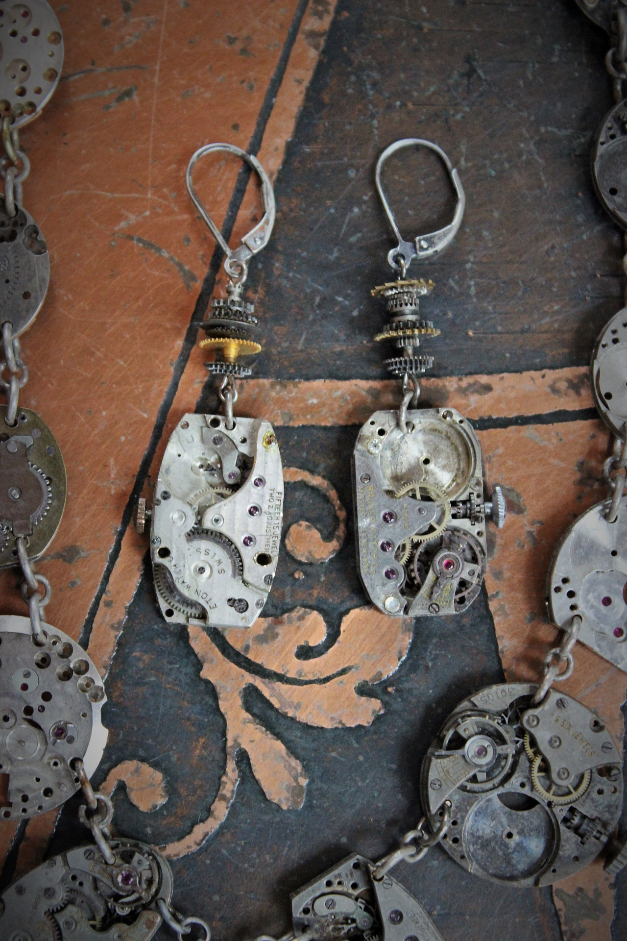 The Fabric of Time Necklace & Earrings Set with 16 Antique Watch Parts,Antique Gear & Gasket Connectors, Antique Chain & Clasp