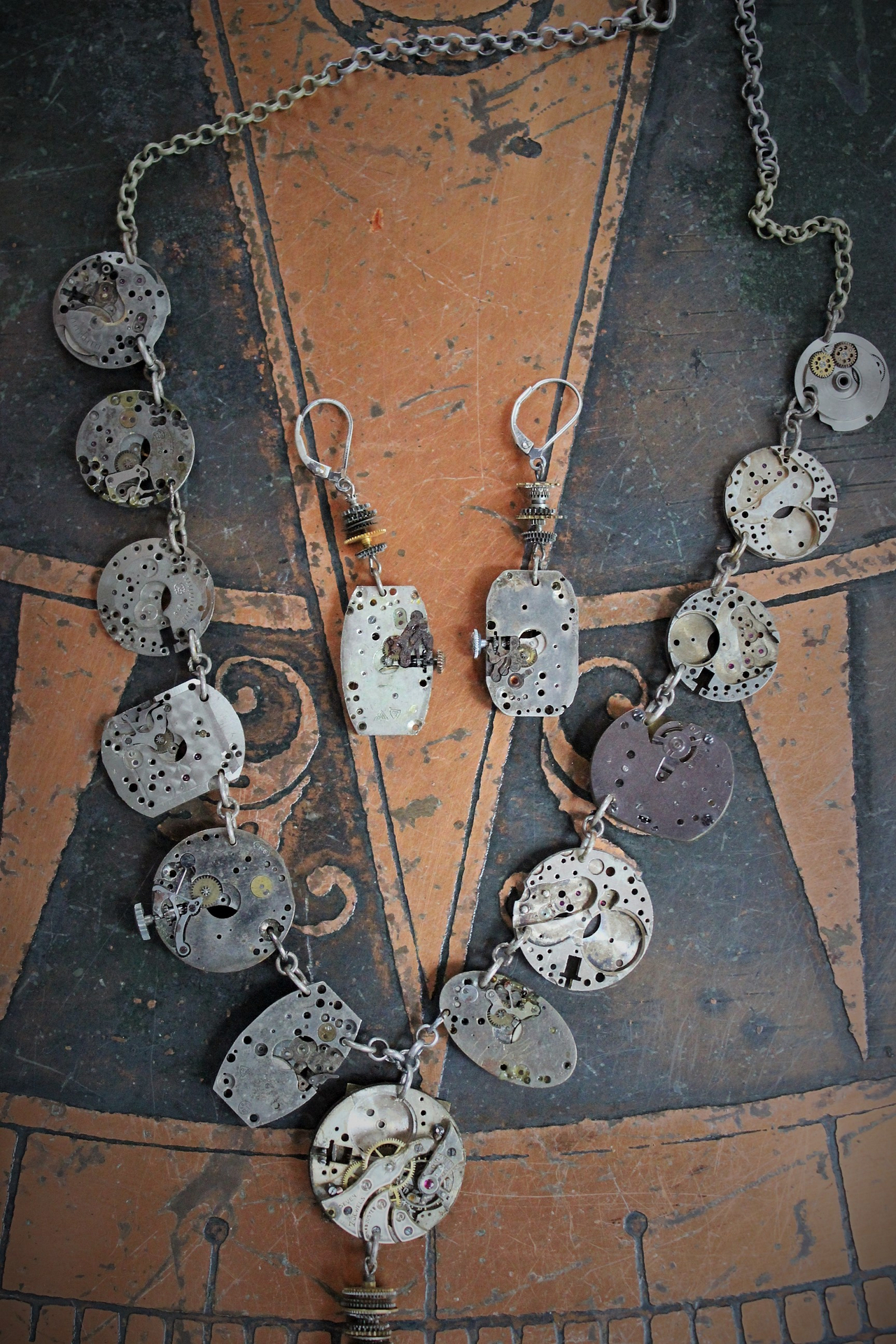 The Fabric of Time Necklace & Earrings Set with 16 Antique Watch Parts,Antique Gear & Gasket Connectors, Antique Chain & Clasp