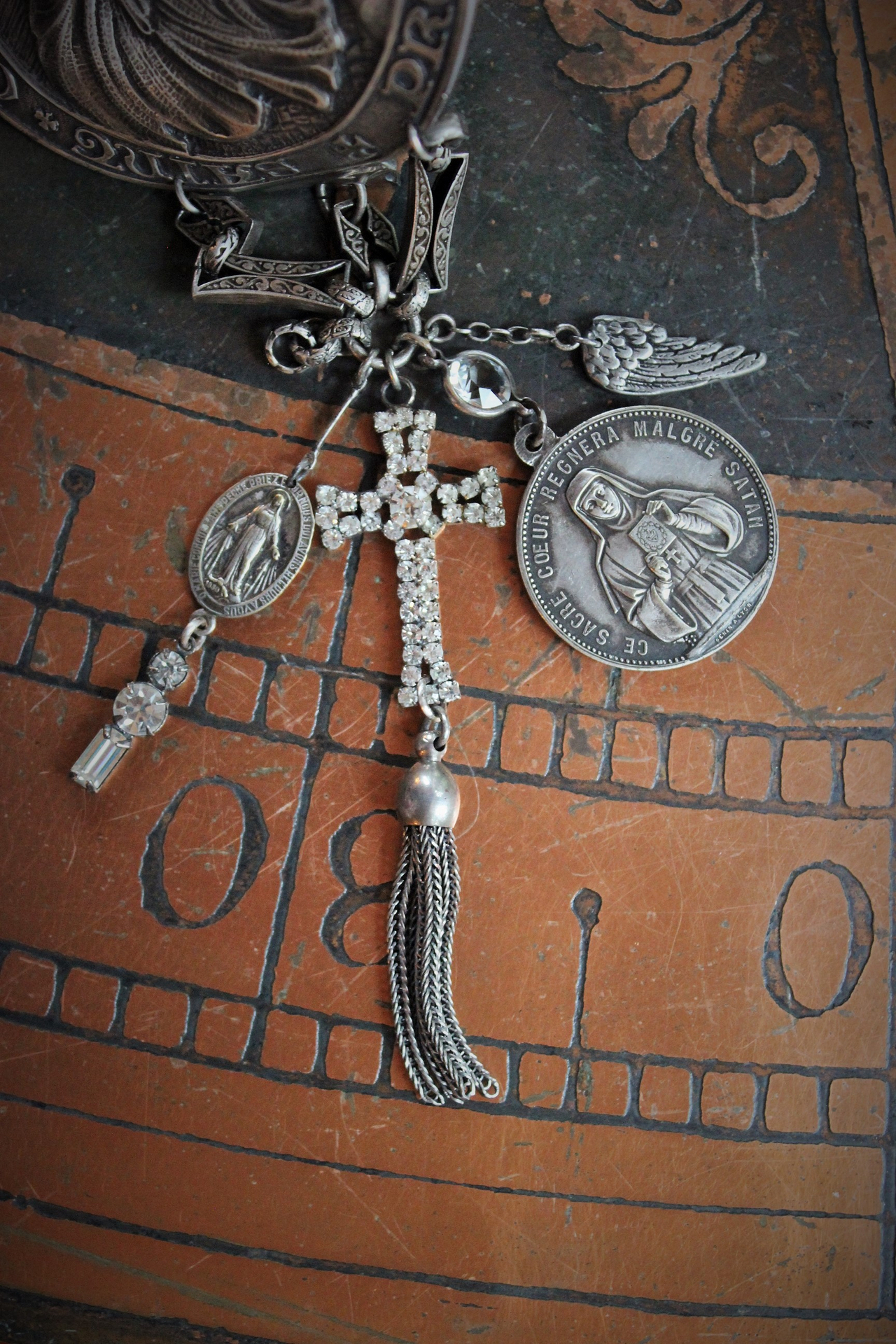 The Protection Bracelet with Antique Sterling Saint Christopher Medallion,Antique French Penin Sacred Heart Medal,Antique Prong Set Rhinestone Cross & More!