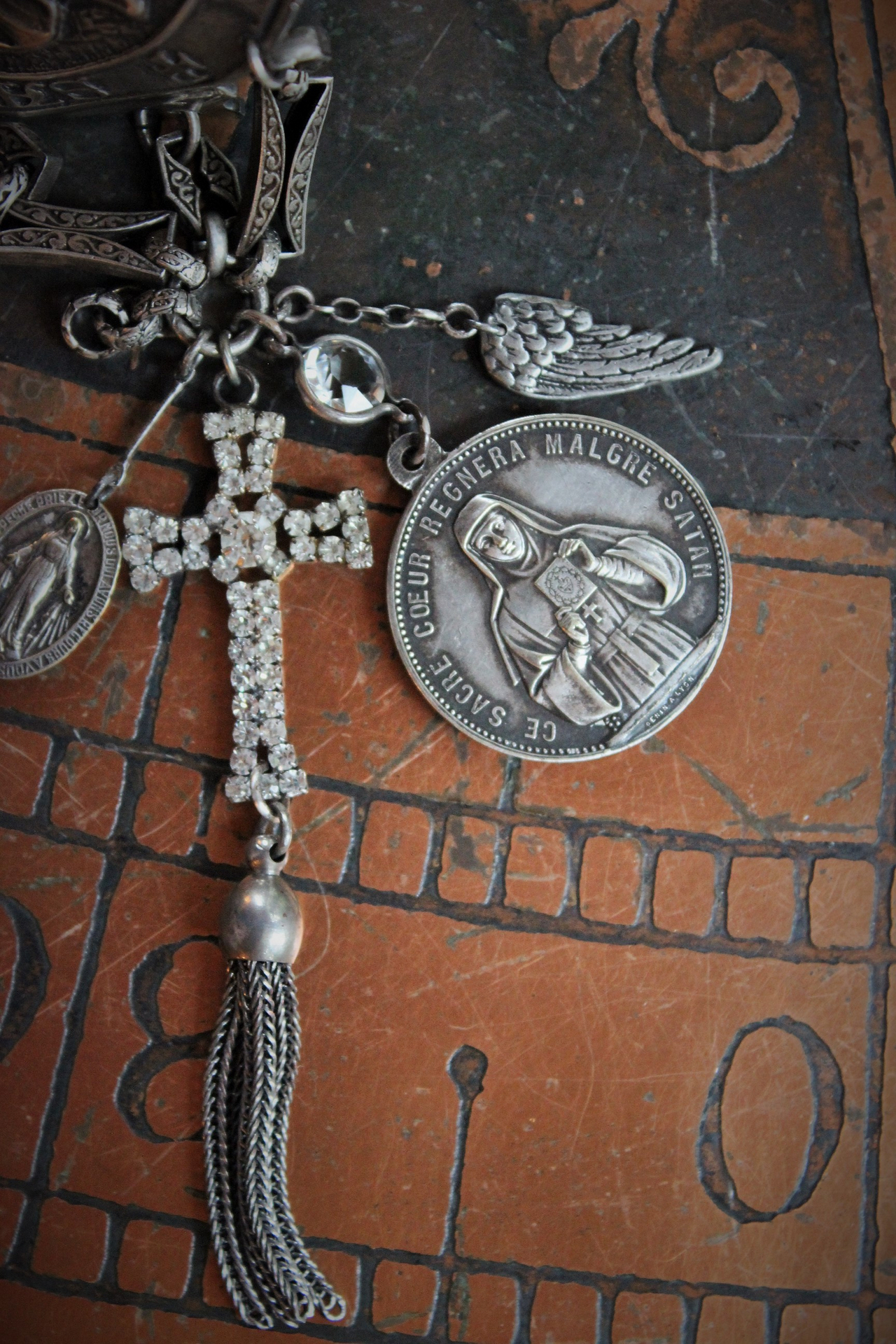 The Protection Bracelet with Antique Sterling Saint Christopher Medallion,Antique French Penin Sacred Heart Medal,Antique Prong Set Rhinestone Cross & More!