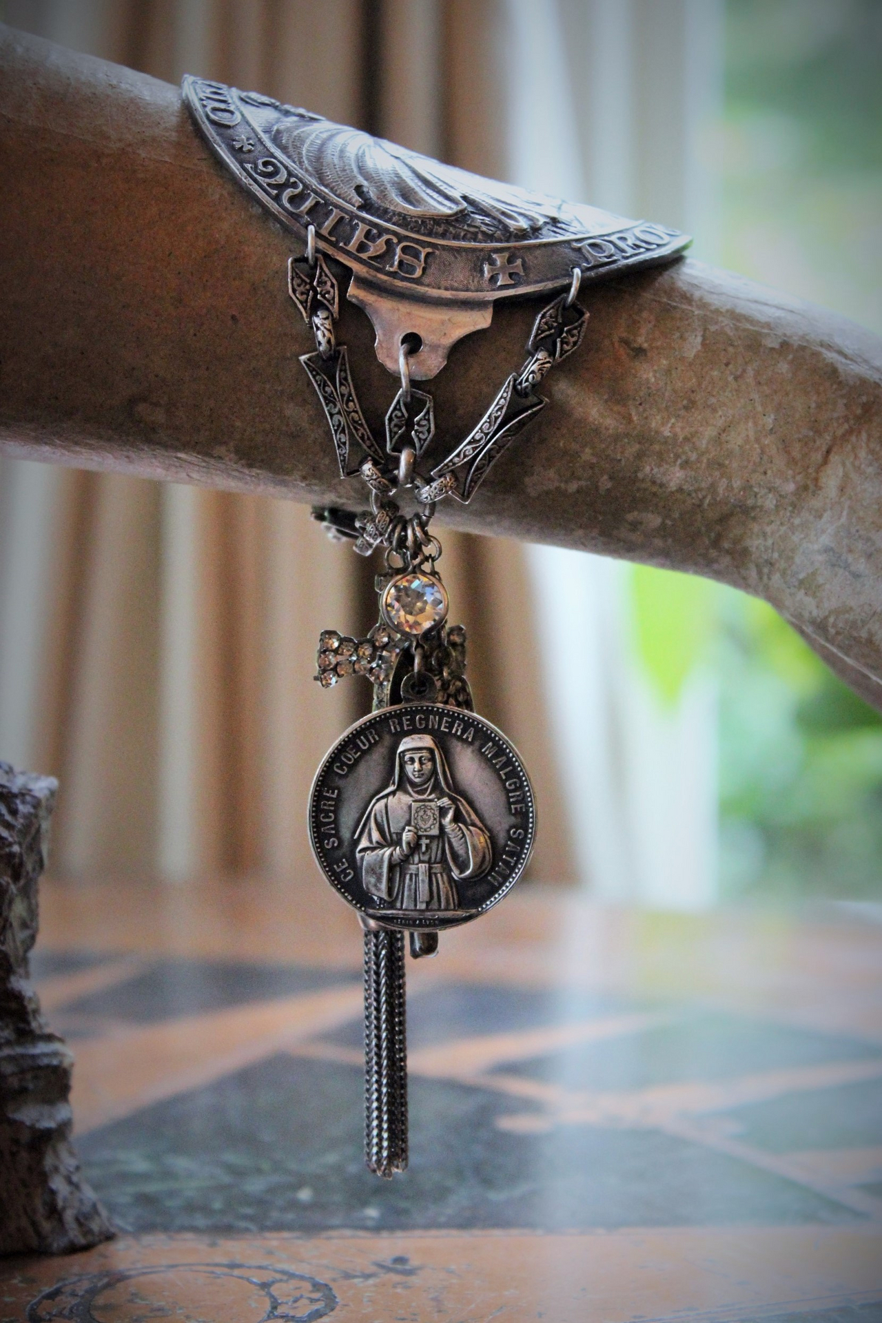 The Protection Bracelet with Antique Sterling Saint Christopher Medallion,Antique French Penin Sacred Heart Medal,Antique Prong Set Rhinestone Cross & More!