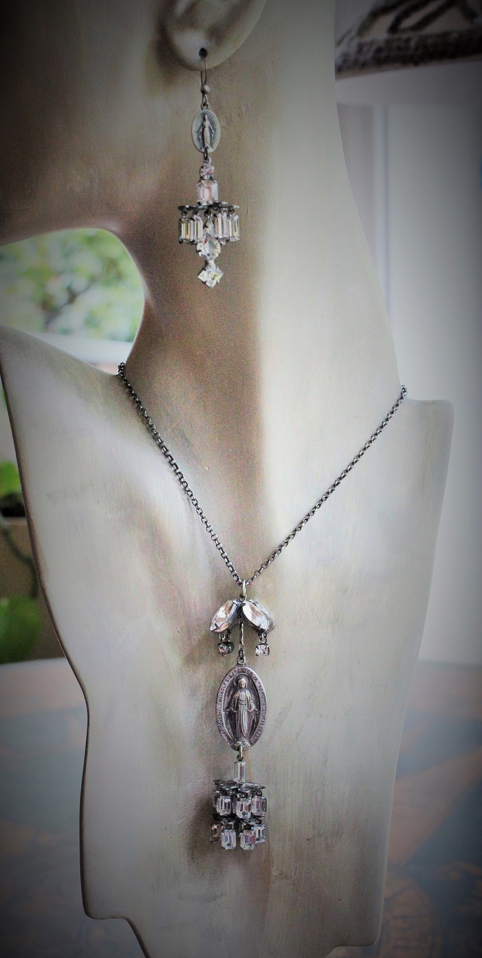 Antique Marian Necklace & Earrings with Amazing Antique Rhinestone Drops,Antique Marian Medals, Sterling Chain & Clasp