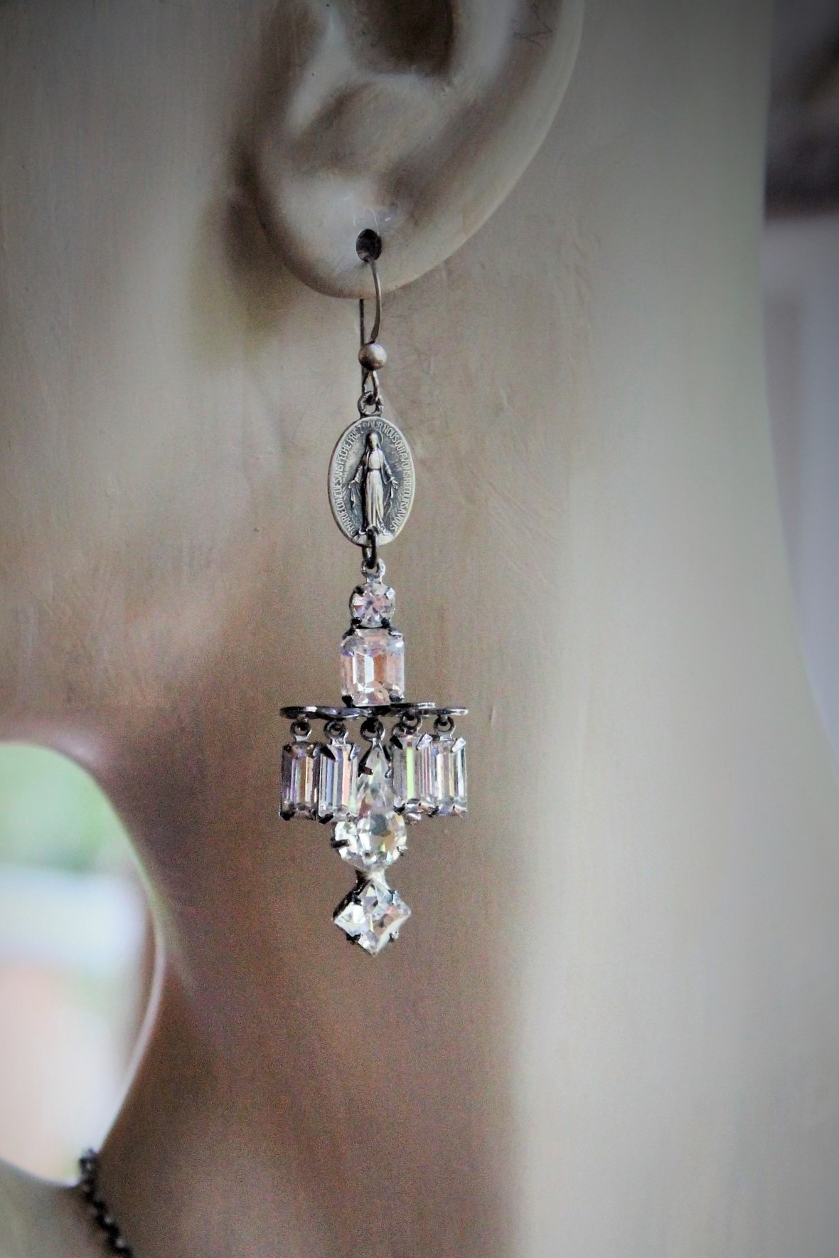 Antique Marian Necklace & Earrings with Amazing Antique Rhinestone Drops,Antique Marian Medals, Sterling Chain & Clasp