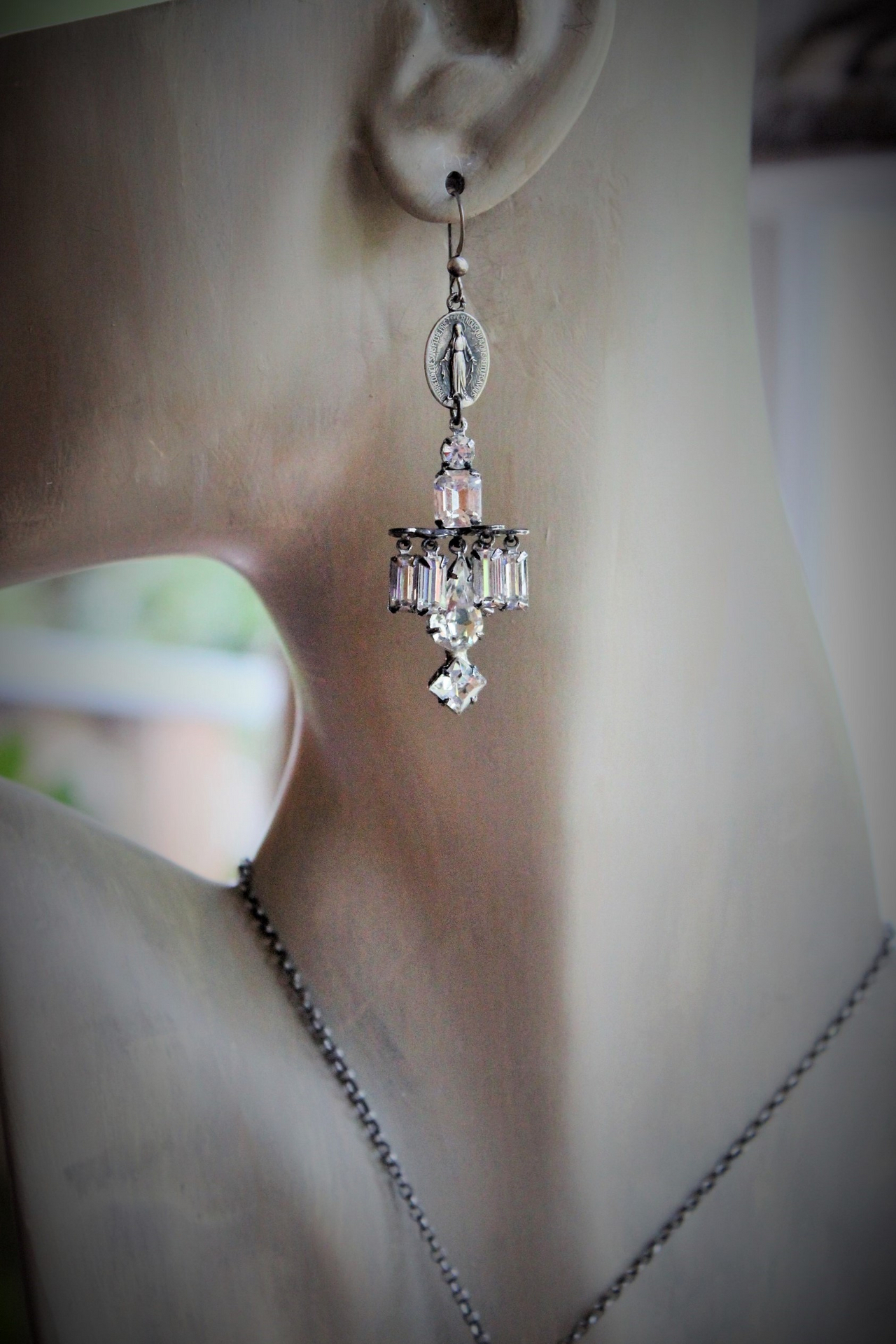 Antique Marian Necklace & Earrings with Amazing Antique Rhinestone Drops,Antique Marian Medals, Sterling Chain & Clasp