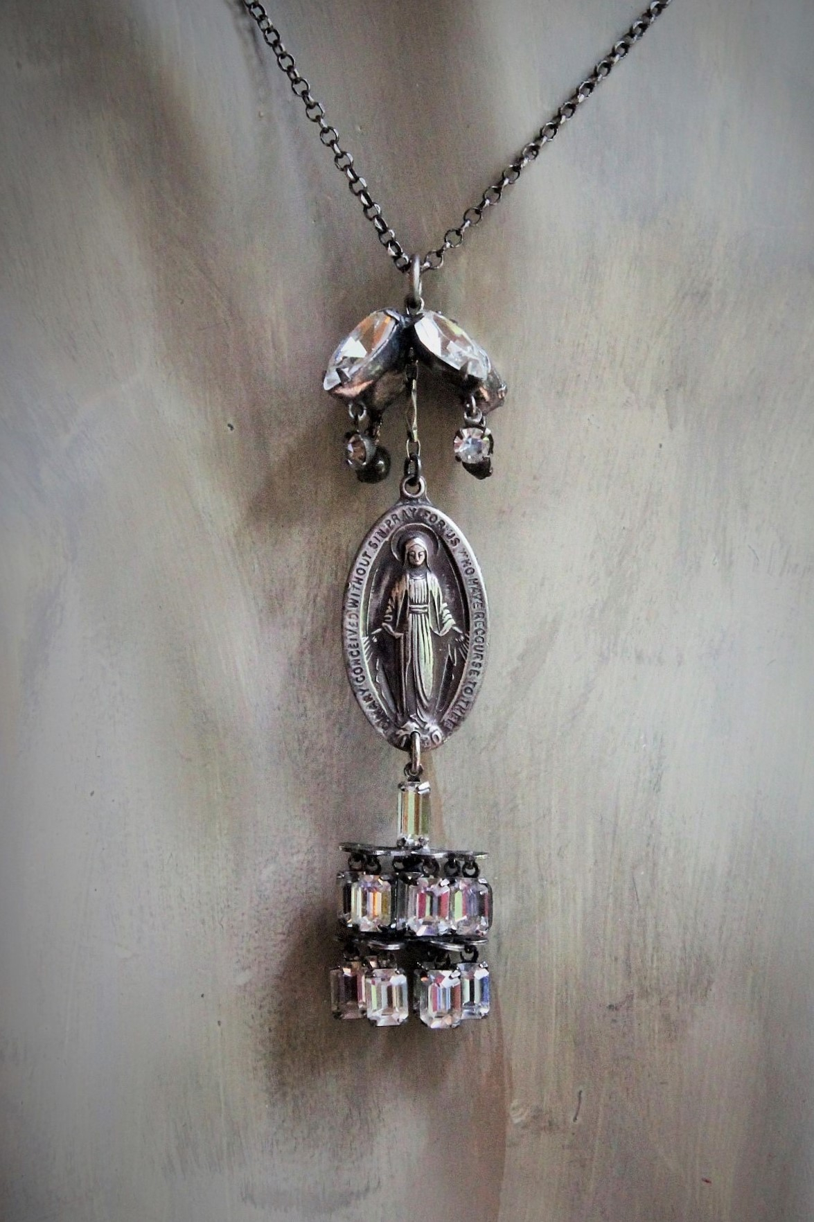 Antique Marian Necklace & Earrings with Amazing Antique Rhinestone Drops,Antique Marian Medals, Sterling Chain & Clasp