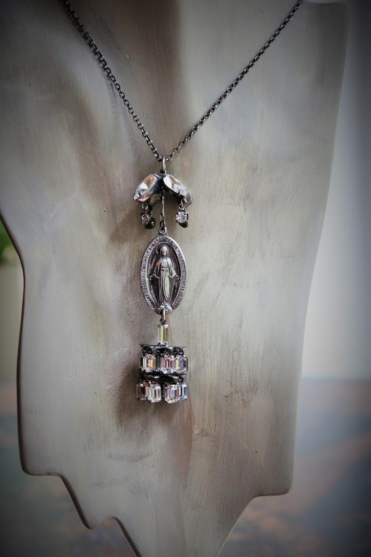 Antique Marian Necklace & Earrings with Amazing Antique Rhinestone Drops,Antique Marian Medals, Sterling Chain & Clasp