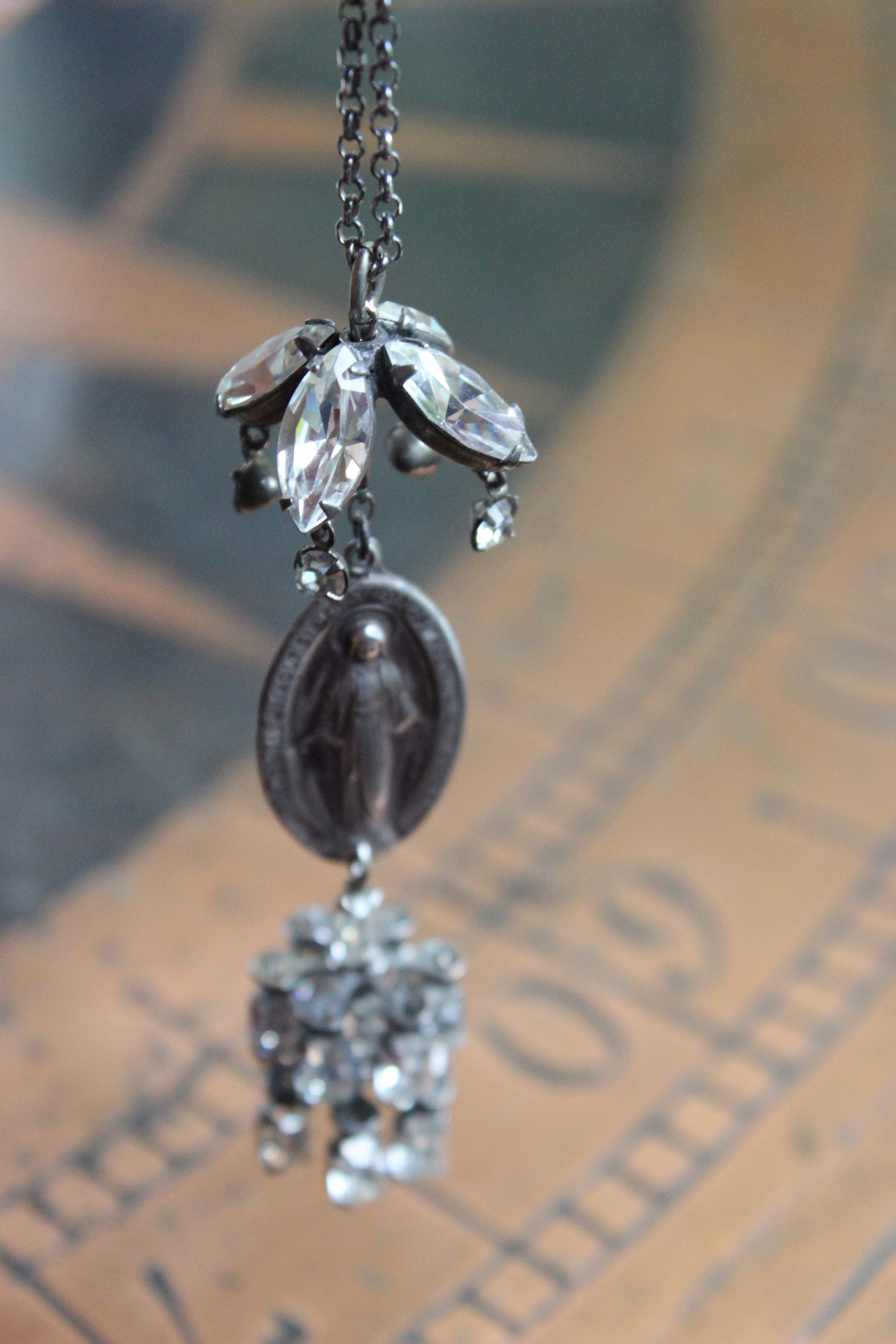 Antique Marian Necklace & Earrings with Amazing Antique Rhinestone Drops,Antique Marian Medals, Sterling Chain & Clasp