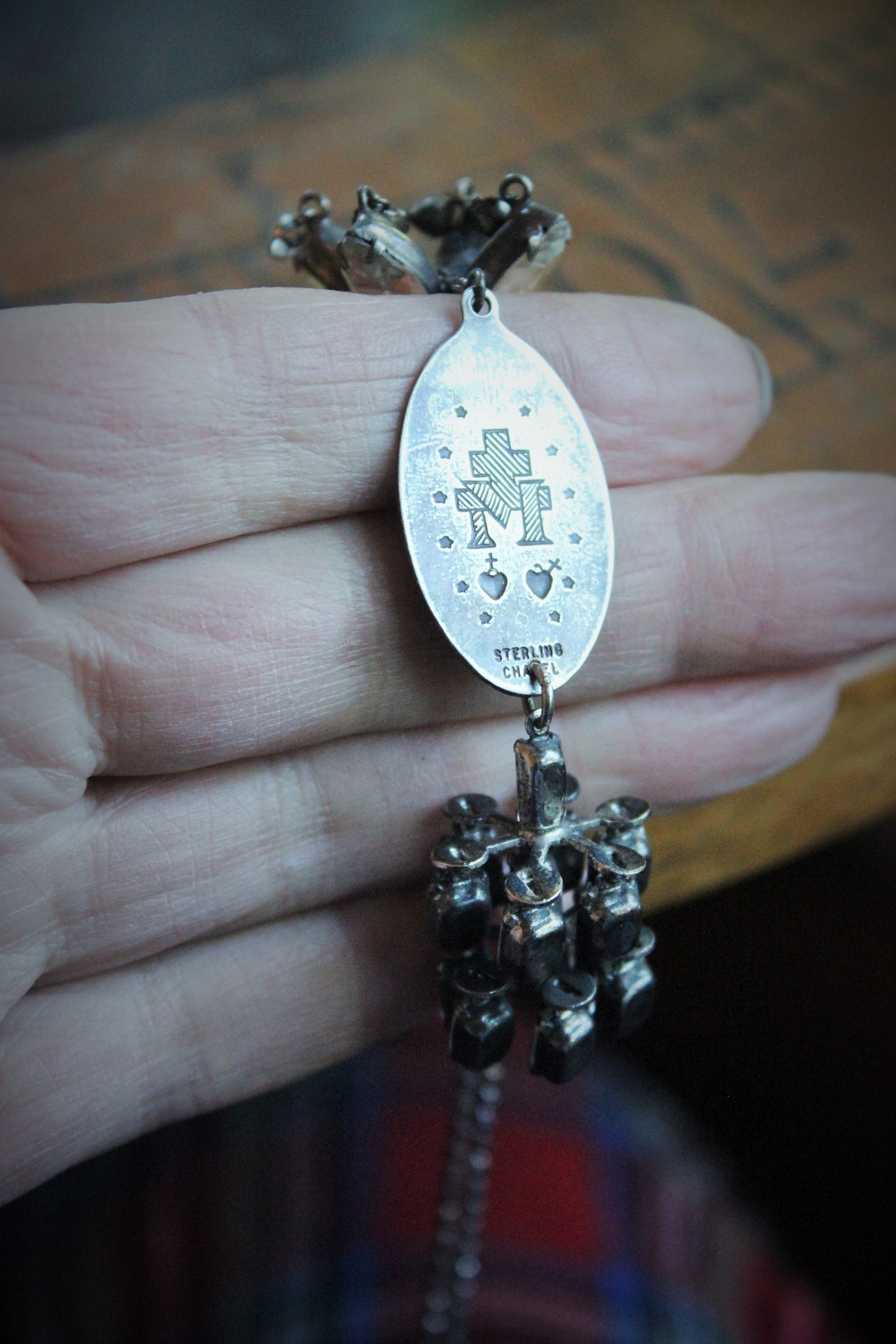 Antique Marian Necklace & Earrings with Amazing Antique Rhinestone Drops,Antique Marian Medals, Sterling Chain & Clasp
