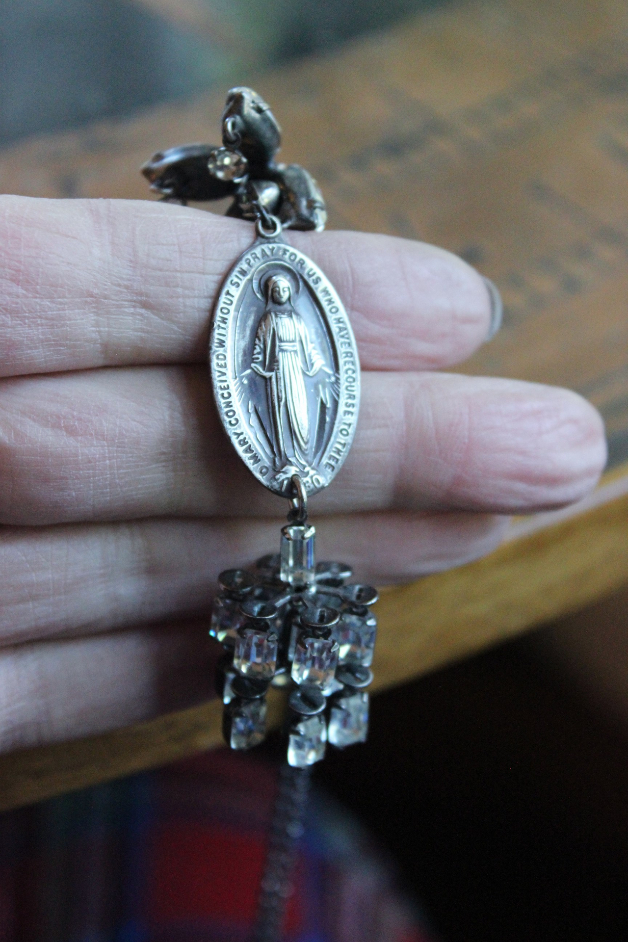 Antique Marian Necklace & Earrings with Amazing Antique Rhinestone Drops,Antique Marian Medals, Sterling Chain & Clasp