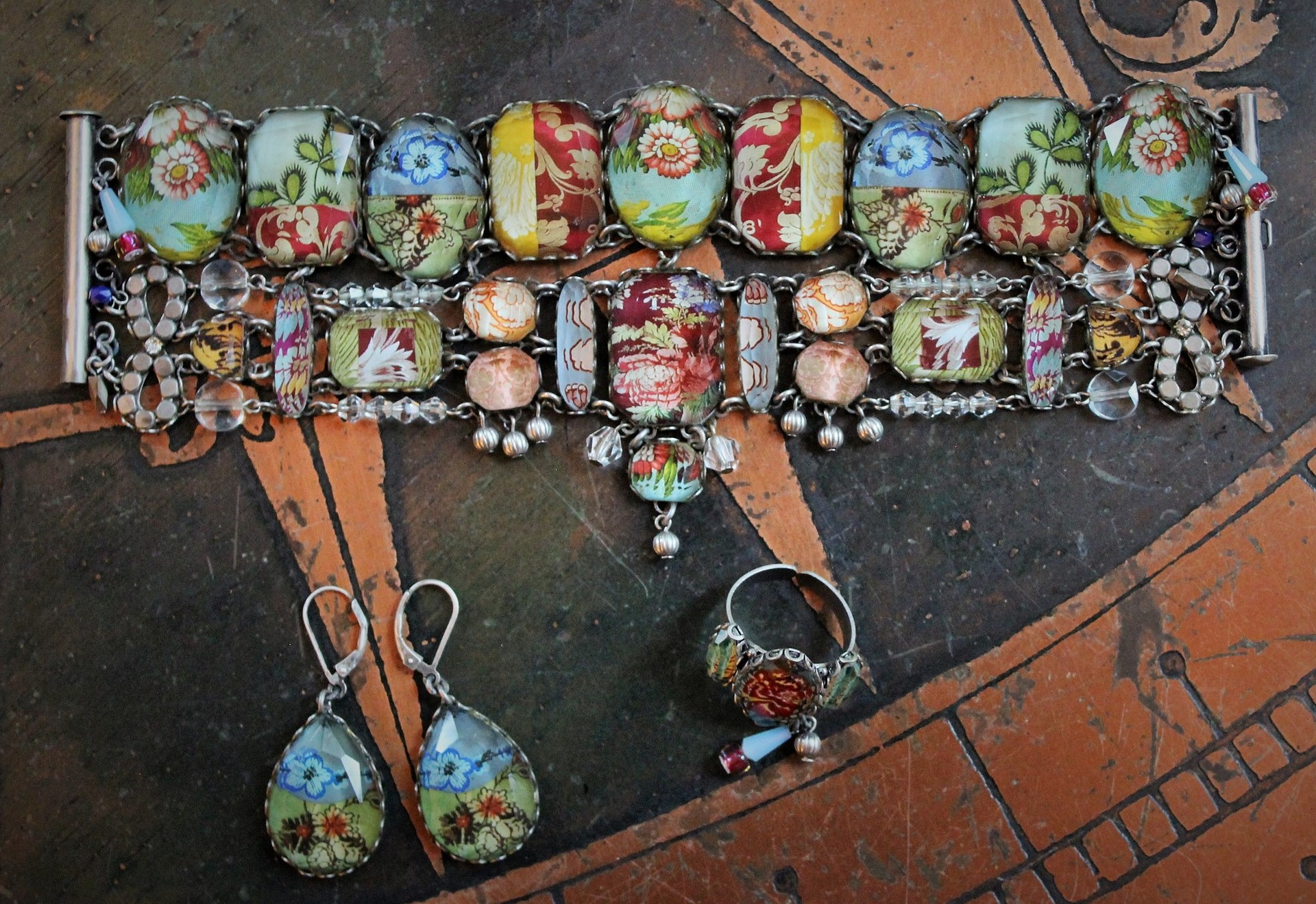 SOLD to J OOAK Ayala Bar Faceted Glass Findings Parure with Wide Bracelet,Ring and Earrings