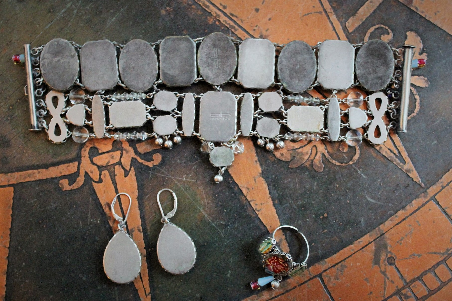 SOLD to J OOAK Ayala Bar Faceted Glass Findings Parure with Wide Bracelet,Ring and Earrings