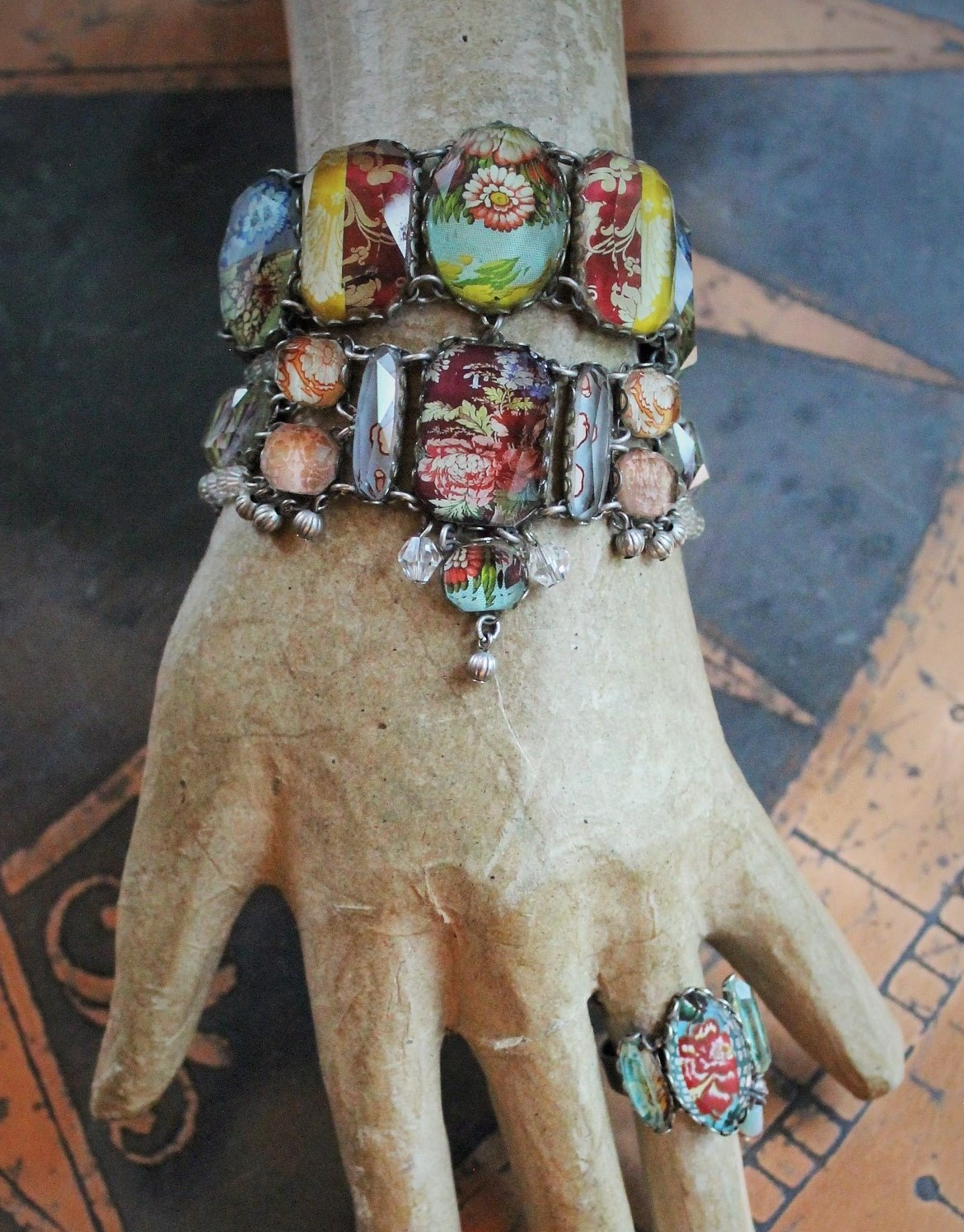 SOLD to J OOAK Ayala Bar Faceted Glass Findings Parure with Wide Bracelet,Ring and Earrings