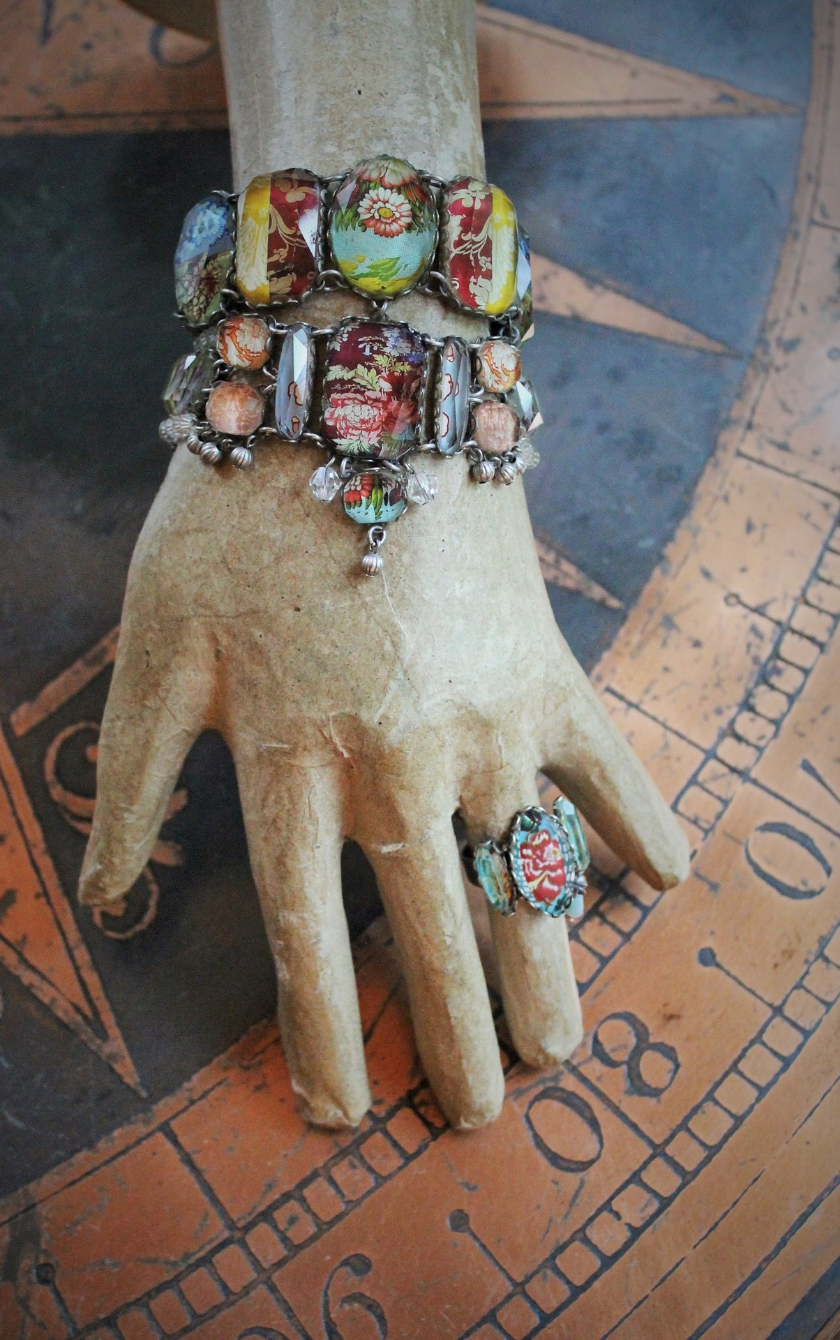 SOLD to J OOAK Ayala Bar Faceted Glass Findings Parure with Wide Bracelet,Ring and Earrings