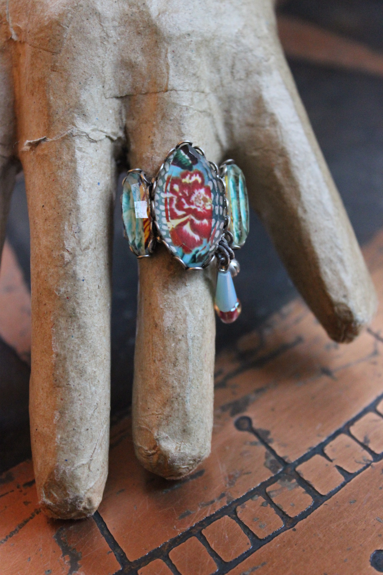 SOLD to J OOAK Ayala Bar Faceted Glass Findings Parure with Wide Bracelet,Ring and Earrings