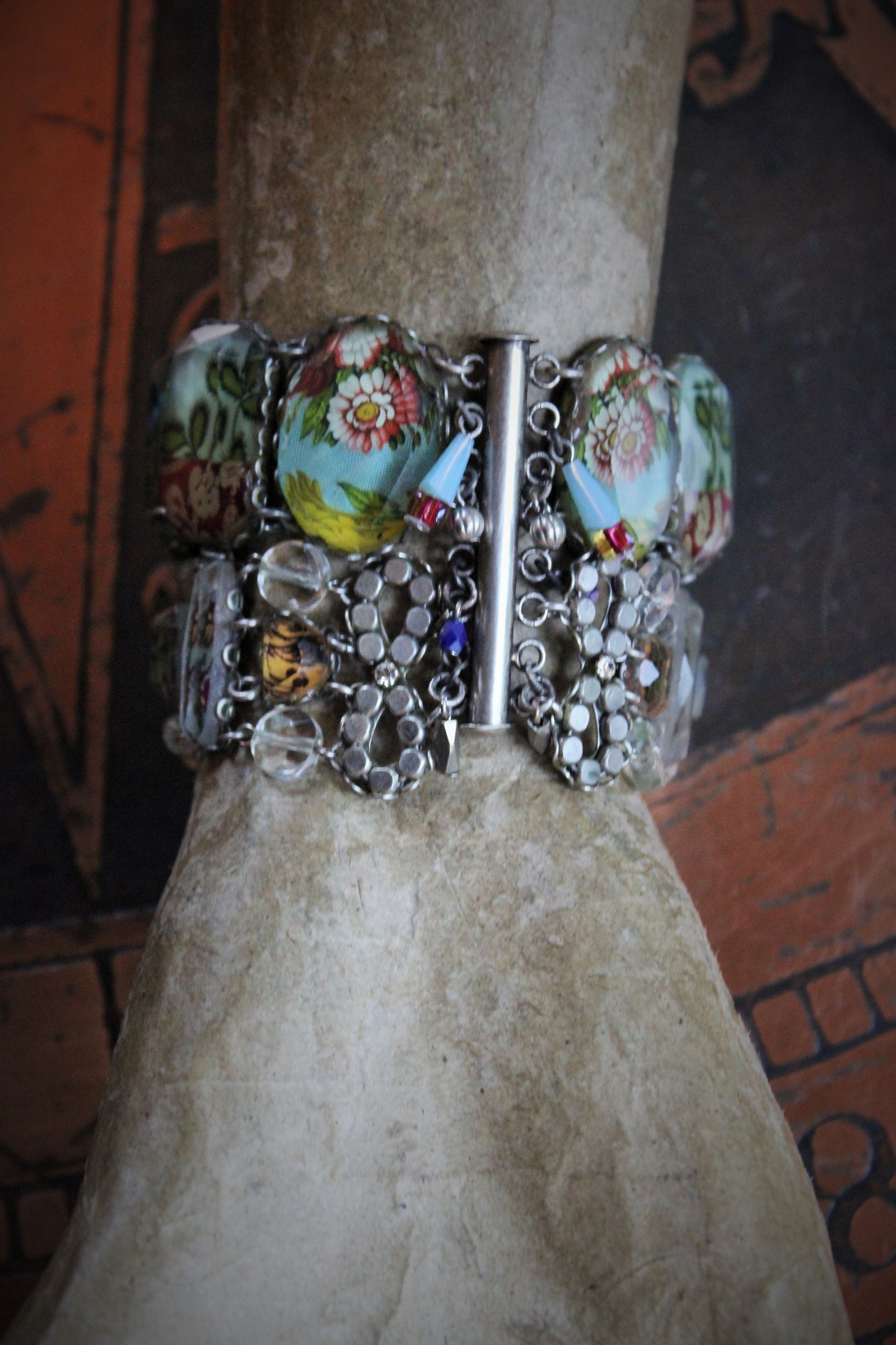 SOLD to J OOAK Ayala Bar Faceted Glass Findings Parure with Wide Bracelet,Ring and Earrings