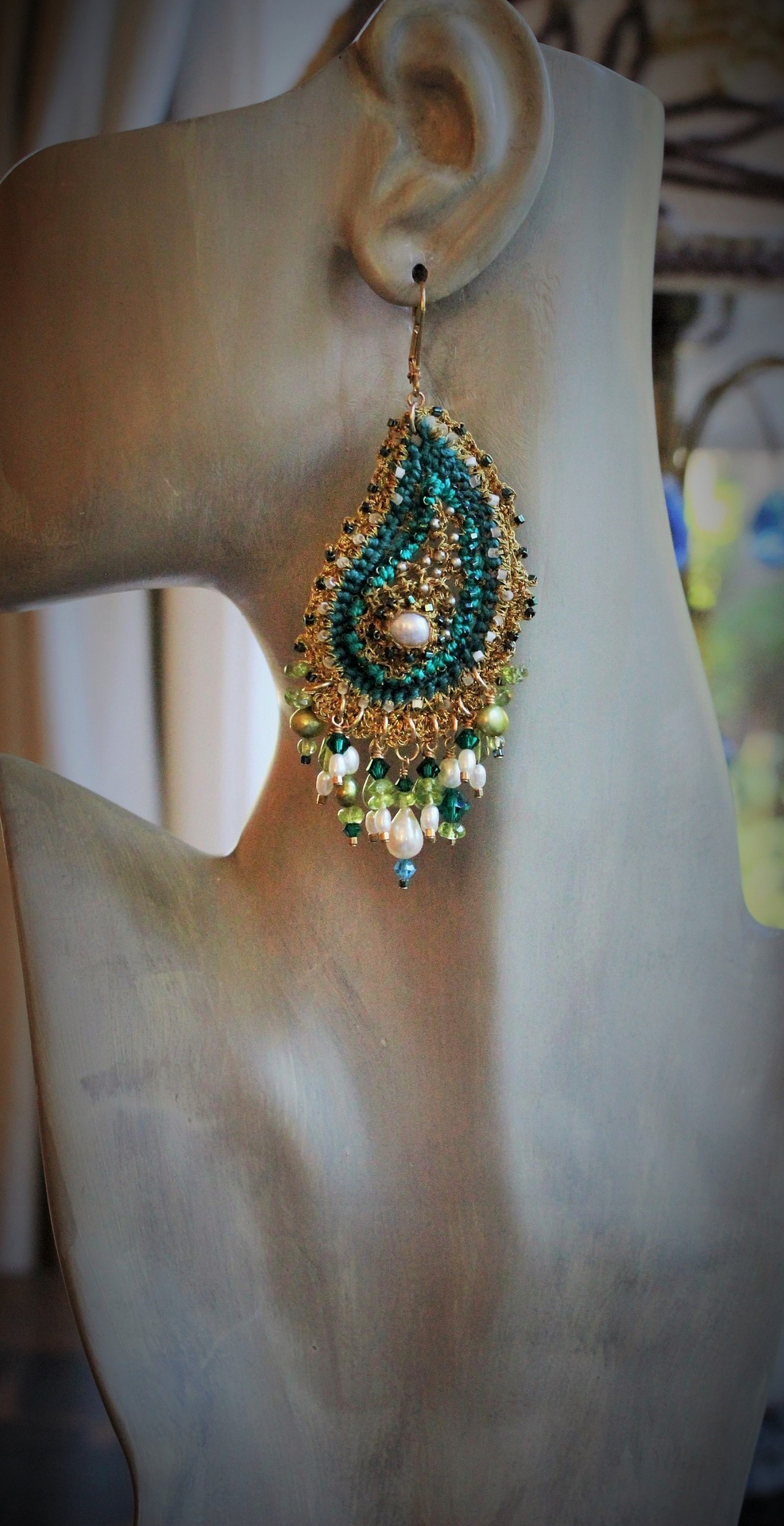 Amazing Intricately Crocheted Peridot, Pearl and Crystal Paisley Earrings