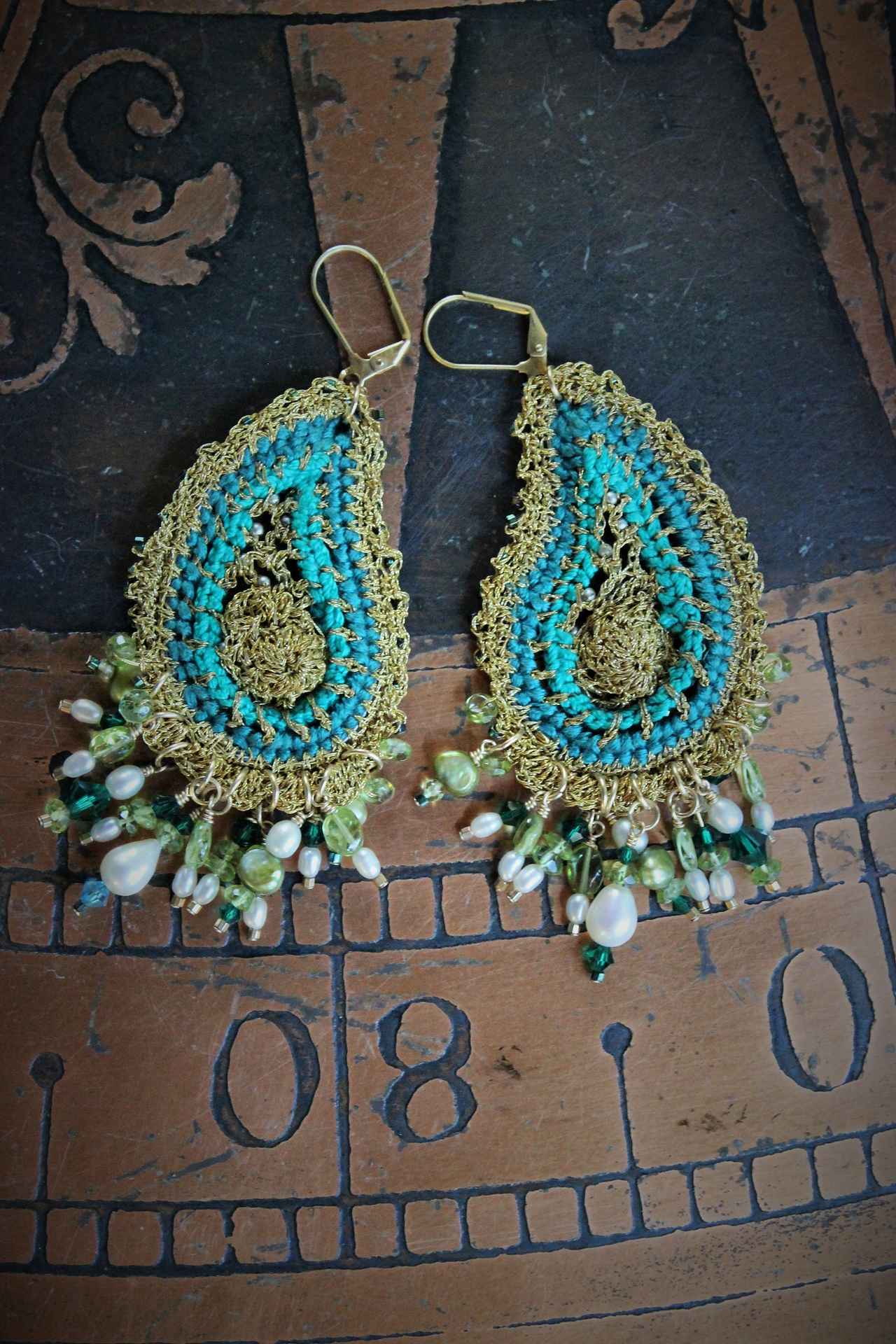 Amazing Intricately Crocheted Peridot, Pearl and Crystal Paisley Earrings