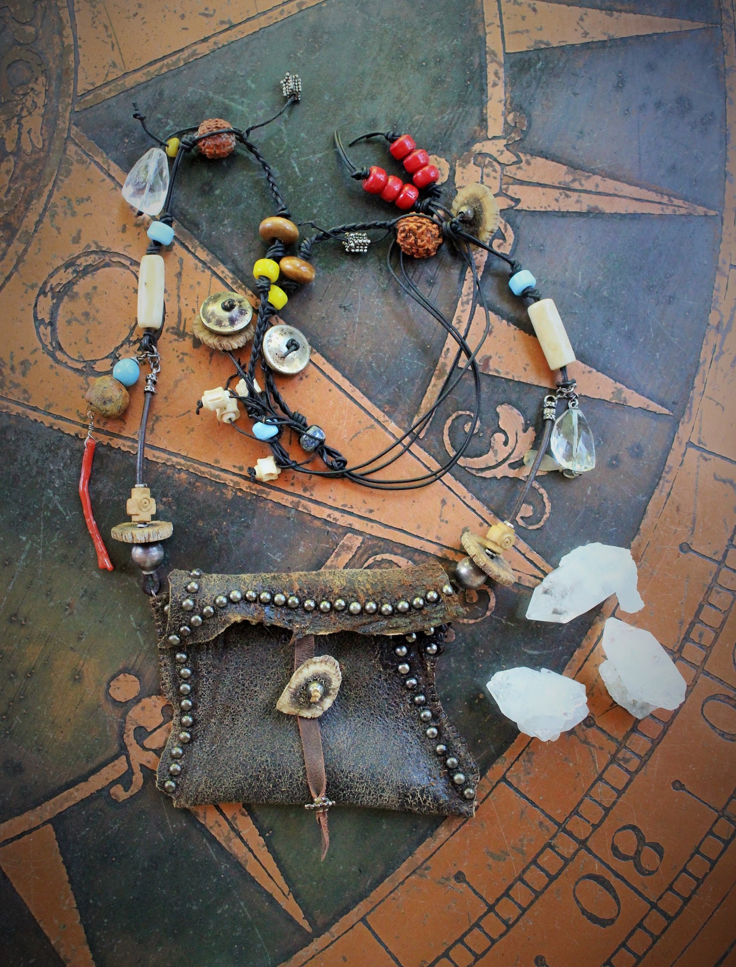 The Energy Amulet Necklace with Distressed Leather Pouch,3 Double Terminated Rock Crystals,Elk Antler Slices,Trade Beads & More!