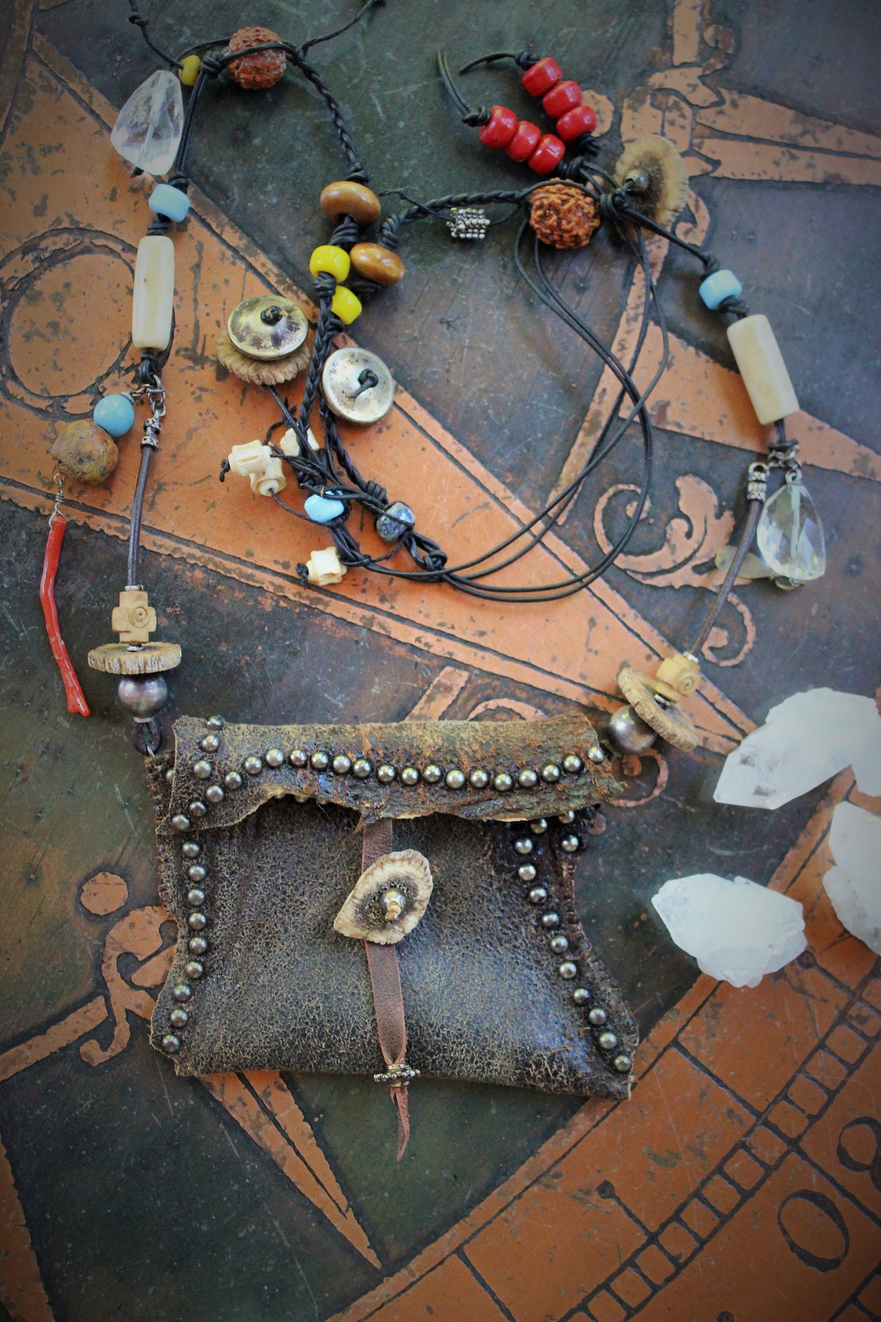 The Energy Amulet Necklace with Distressed Leather Pouch,3 Double Terminated Rock Crystals,Elk Antler Slices,Trade Beads & More!