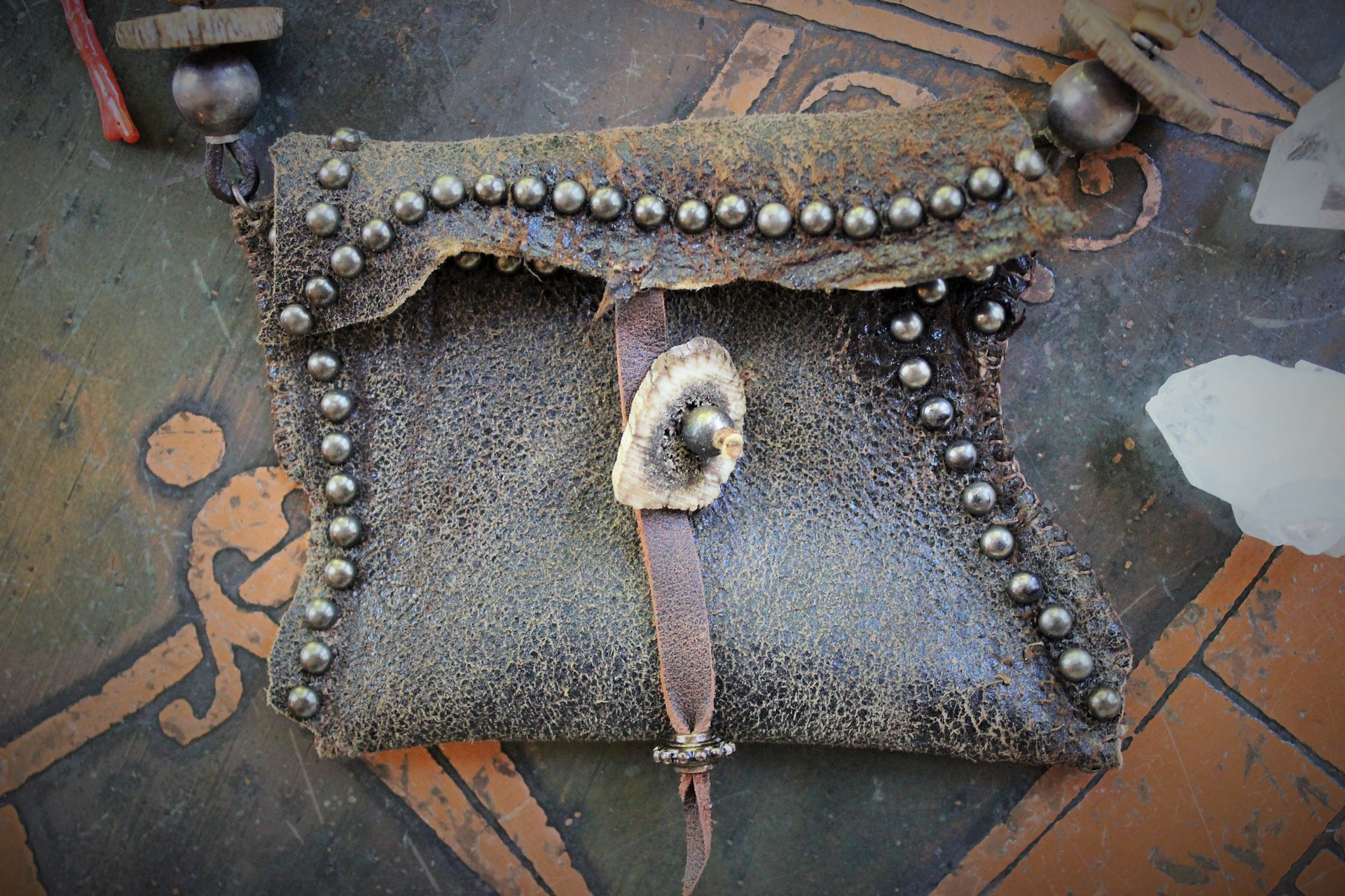 The Energy Amulet Necklace with Distressed Leather Pouch,3 Double Terminated Rock Crystals,Elk Antler Slices,Trade Beads & More!