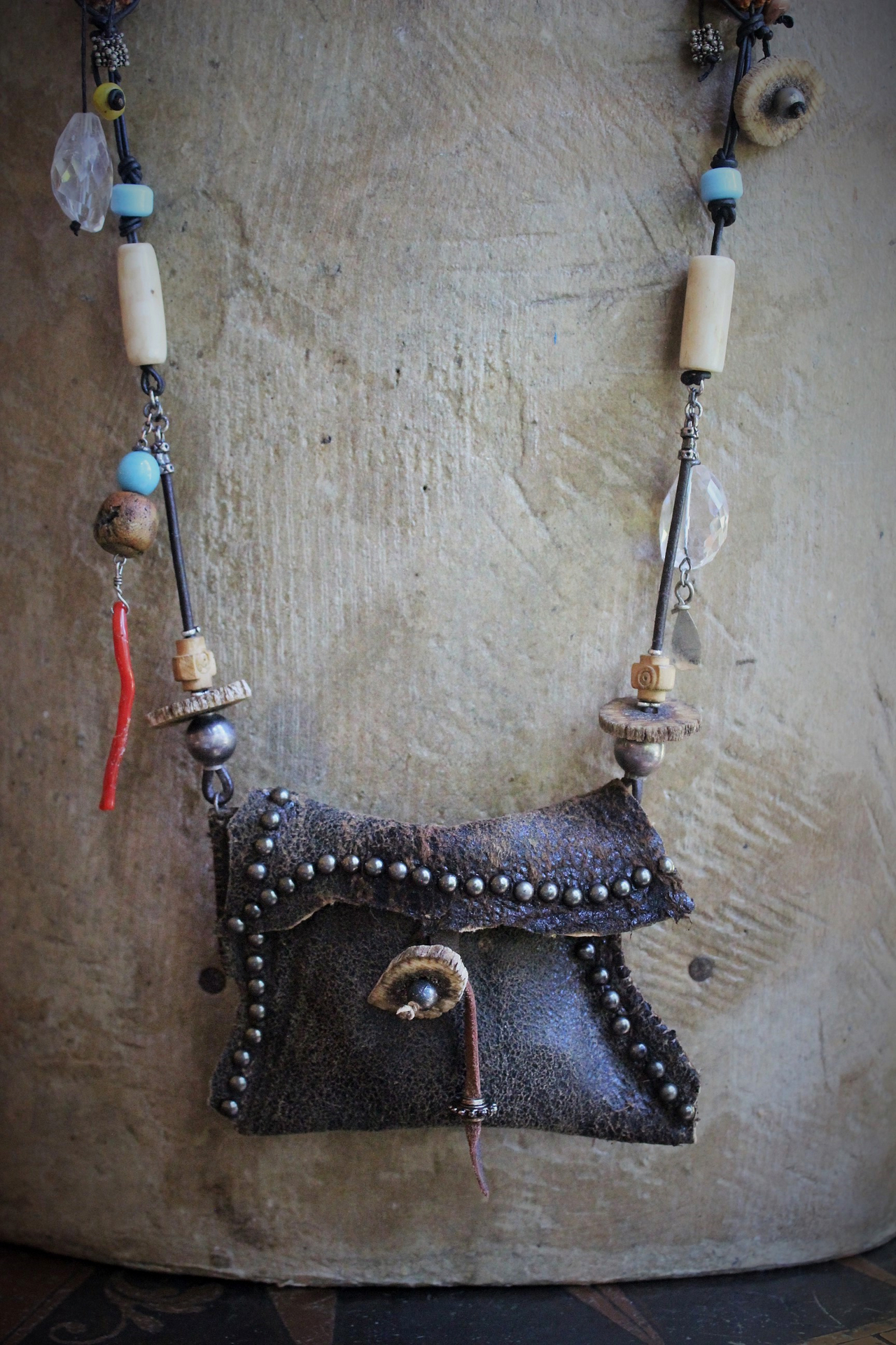 The Energy Amulet Necklace with Distressed Leather Pouch,3 Double Terminated Rock Crystals,Elk Antler Slices,Trade Beads & More!