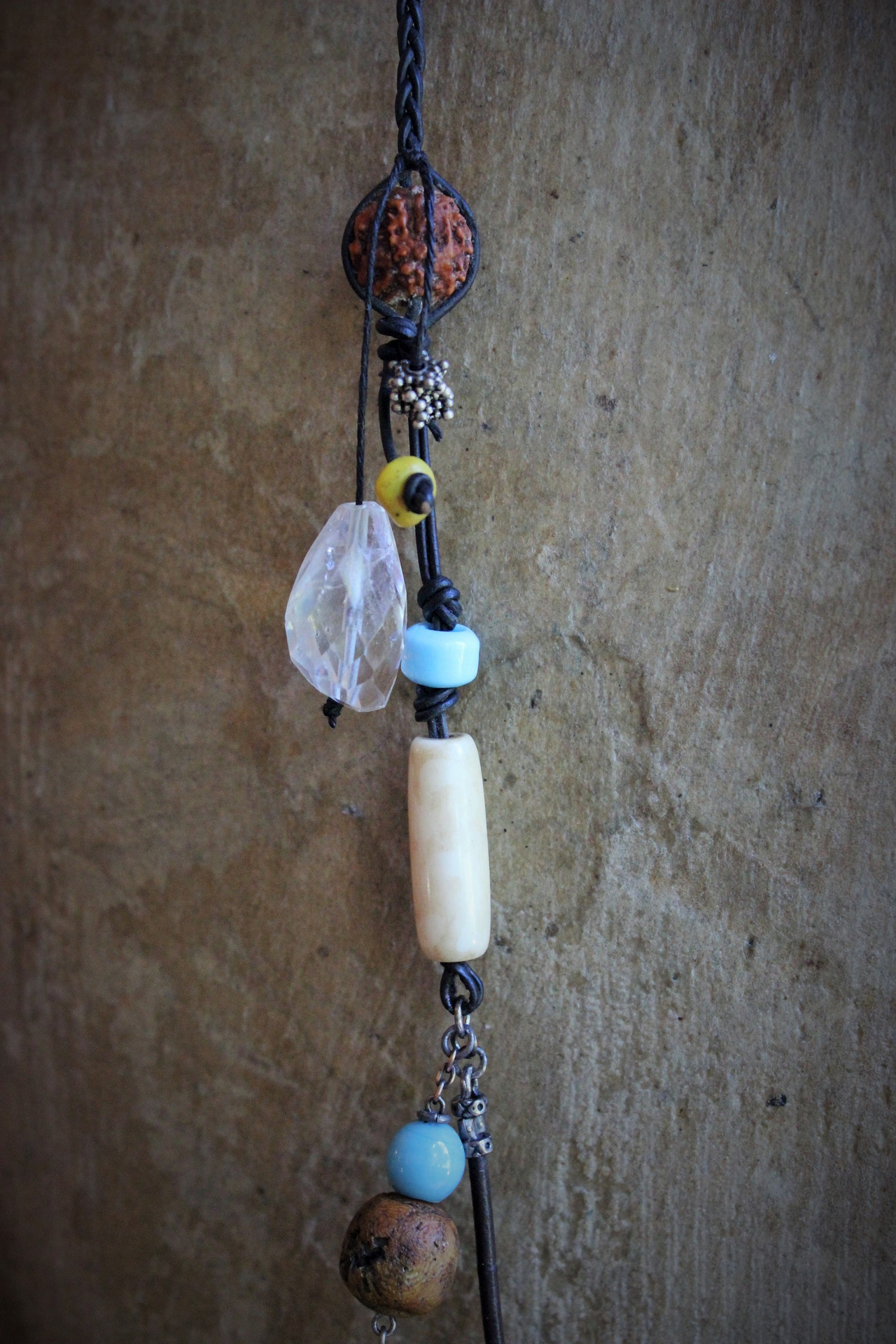 The Energy Amulet Necklace with Distressed Leather Pouch,3 Double Terminated Rock Crystals,Elk Antler Slices,Trade Beads & More!