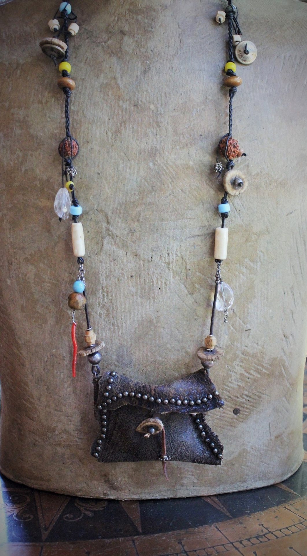 The Energy Amulet Necklace with Distressed Leather Pouch,3 Double Terminated Rock Crystals,Elk Antler Slices,Trade Beads & More!