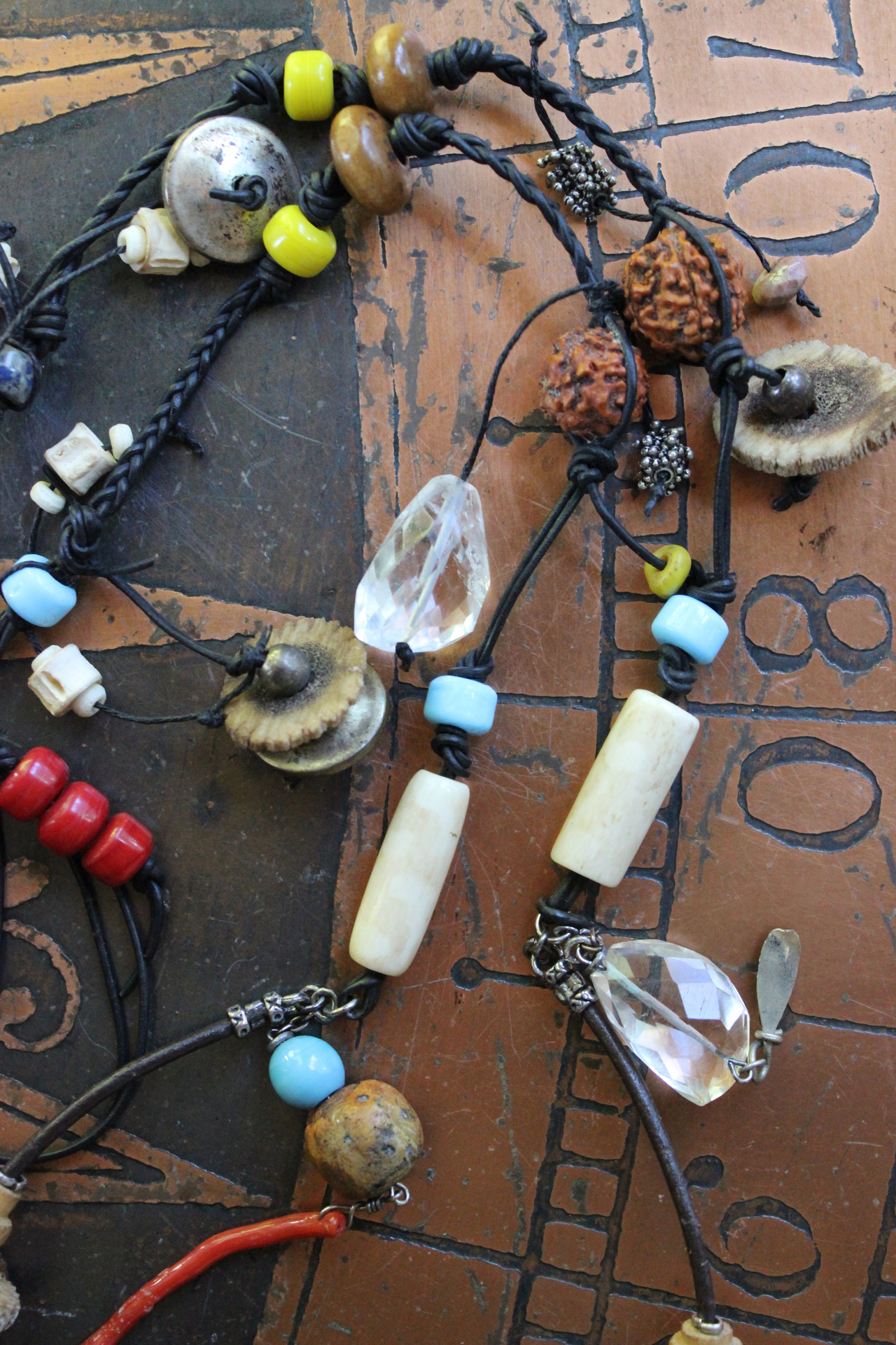 The Energy Amulet Necklace with Distressed Leather Pouch,3 Double Terminated Rock Crystals,Elk Antler Slices,Trade Beads & More!