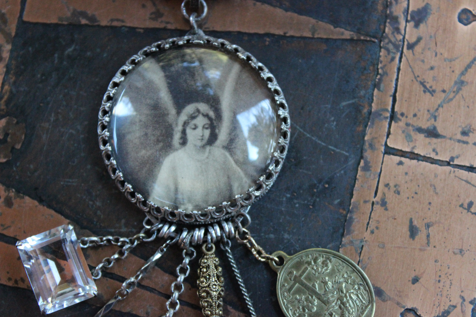 The Divine Beloved Necklace with RARE Antique St. John Medal,Antique Faceted Emerald Cut Rock Crystal,Antique French Sterling Marian Figure & Much More!