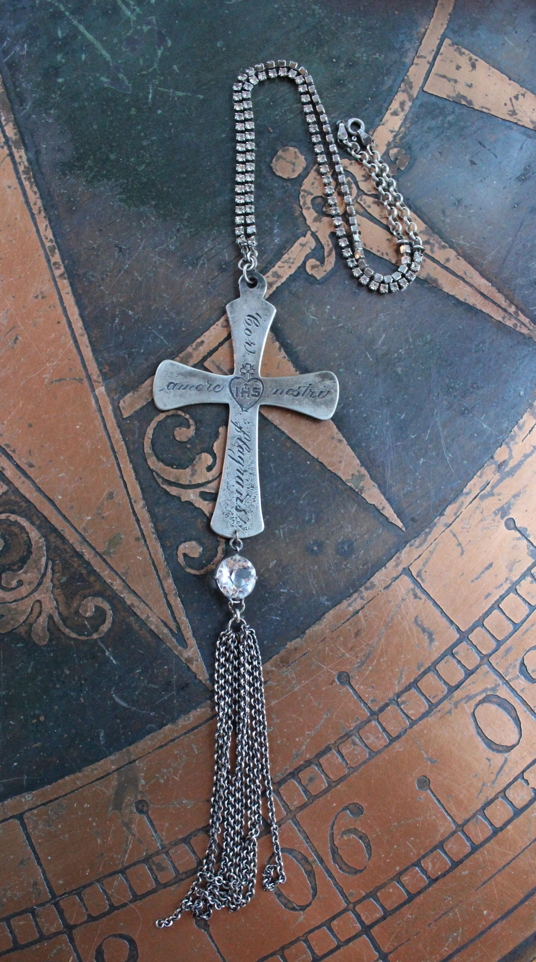 Burning with Our Love Necklace with French Sterling Engraved Sacred Heart Cross,Antique Faceted Rock Crystal Connector,Sterling Chain Tassel & Prong Set Rhinestone Chain