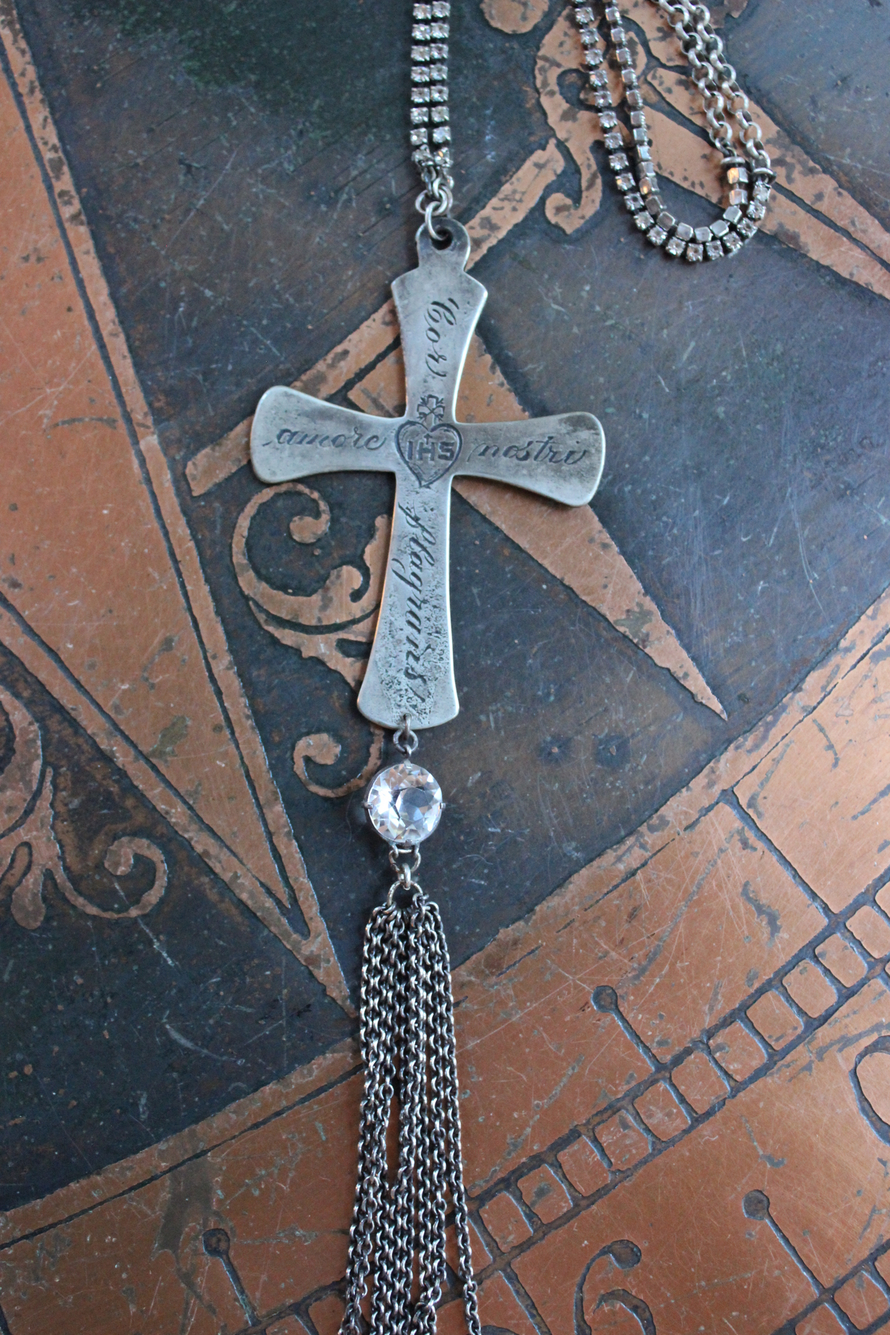 Burning with Our Love Necklace with French Sterling Engraved Sacred Heart Cross,Antique Faceted Rock Crystal Connector,Sterling Chain Tassel & Prong Set Rhinestone Chain
