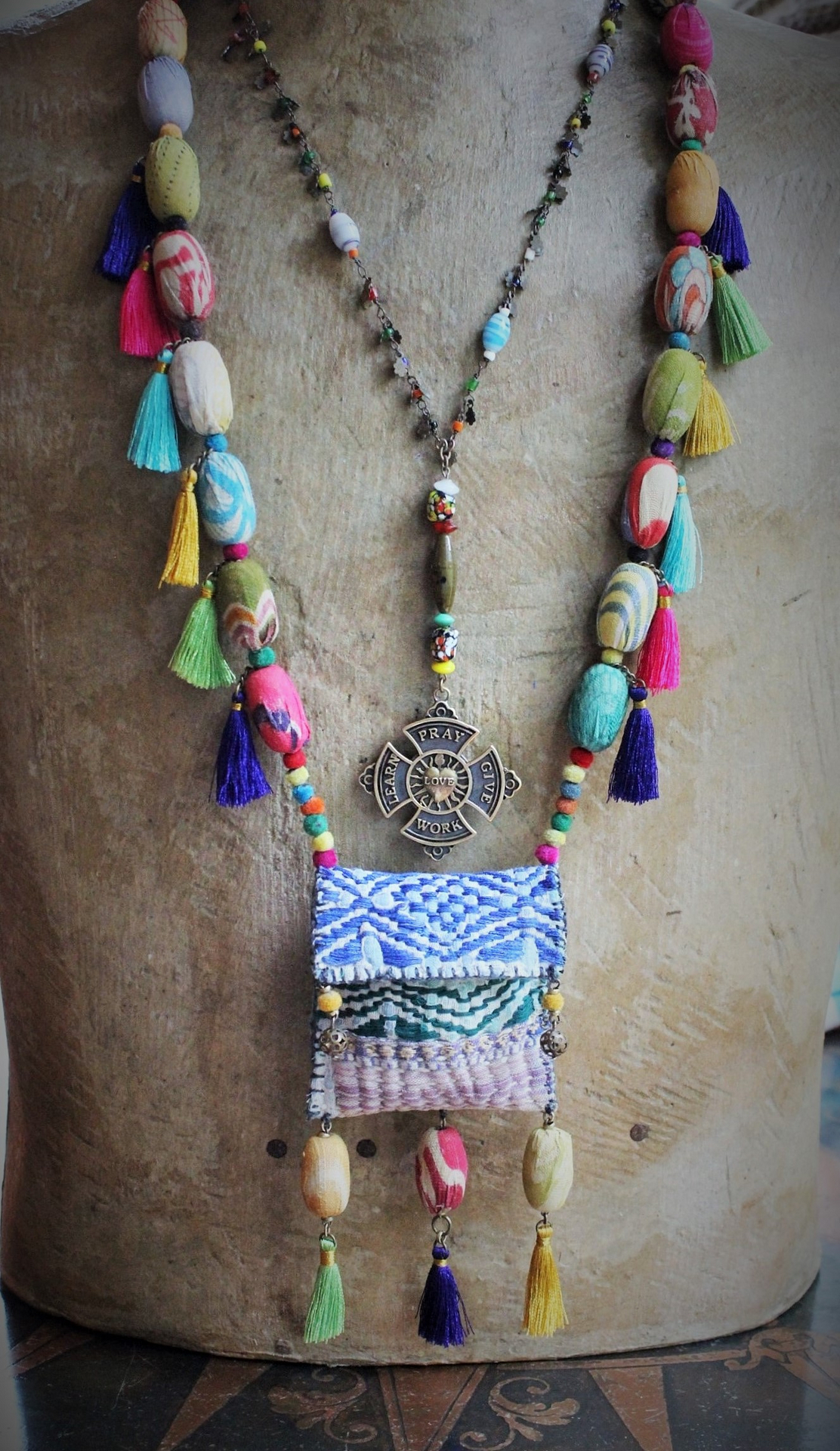 Joy is Prayer Necklace with Antique Kantha Wrapped Beads,Silk Tassels,Hand Stitched Kantha Pouch,9 Antique Watch Part Vessels with Prayer Scrolls