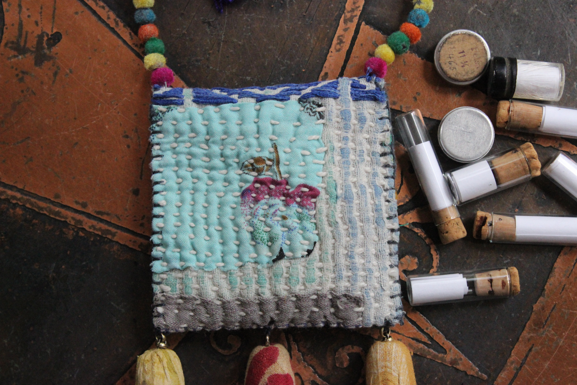 Joy is Prayer Necklace with Antique Kantha Wrapped Beads,Silk Tassels,Hand Stitched Kantha Pouch,9 Antique Watch Part Vessels with Prayer Scrolls